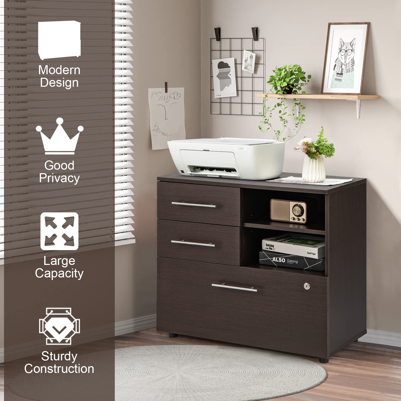 Giantex 3-Drawer Lateral File Cabinet - Under Desk Printer Stand with Storage Shelves