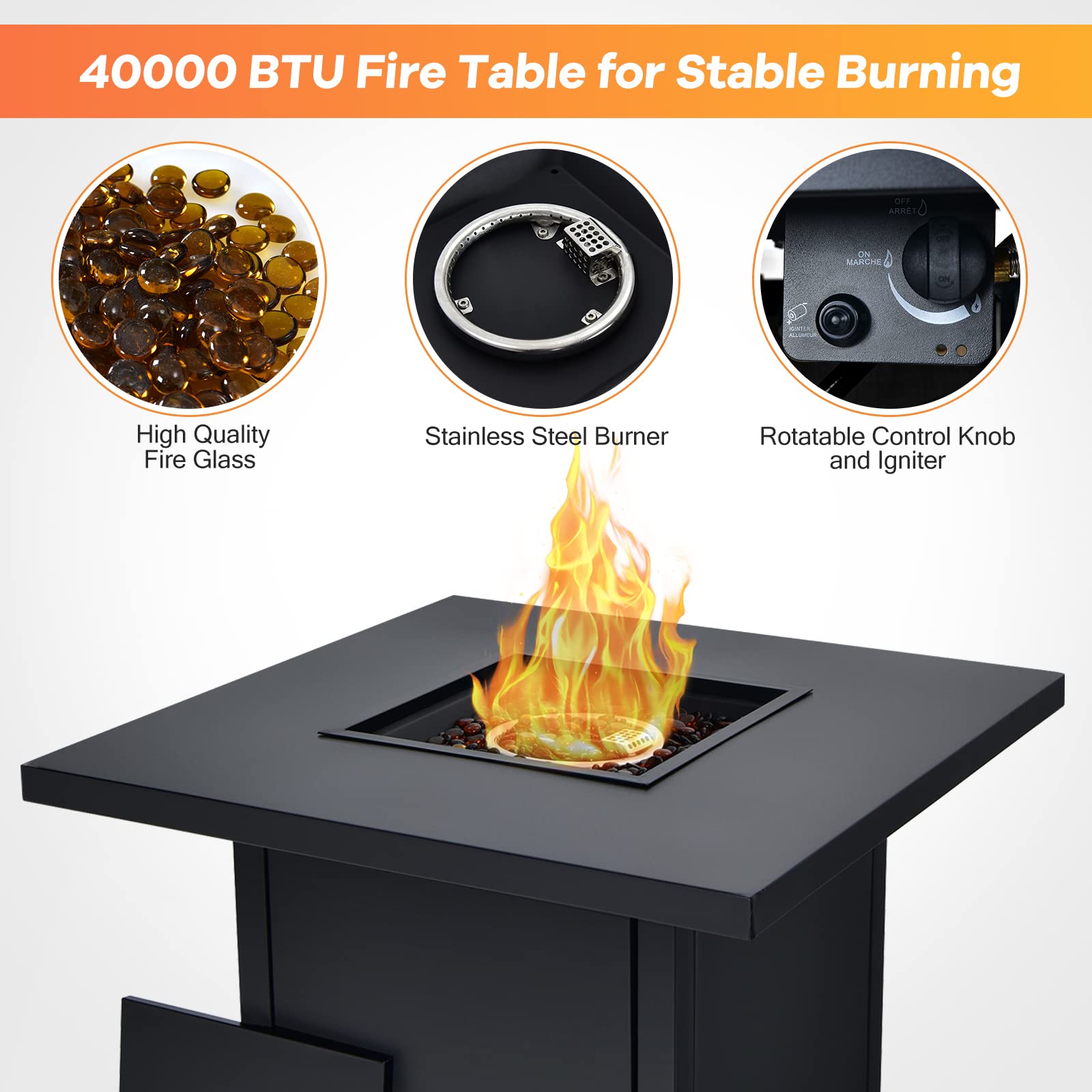 32-Inch Propane Fire Pit Table, 40000 BTU Square Gas Firepit Table with Lid