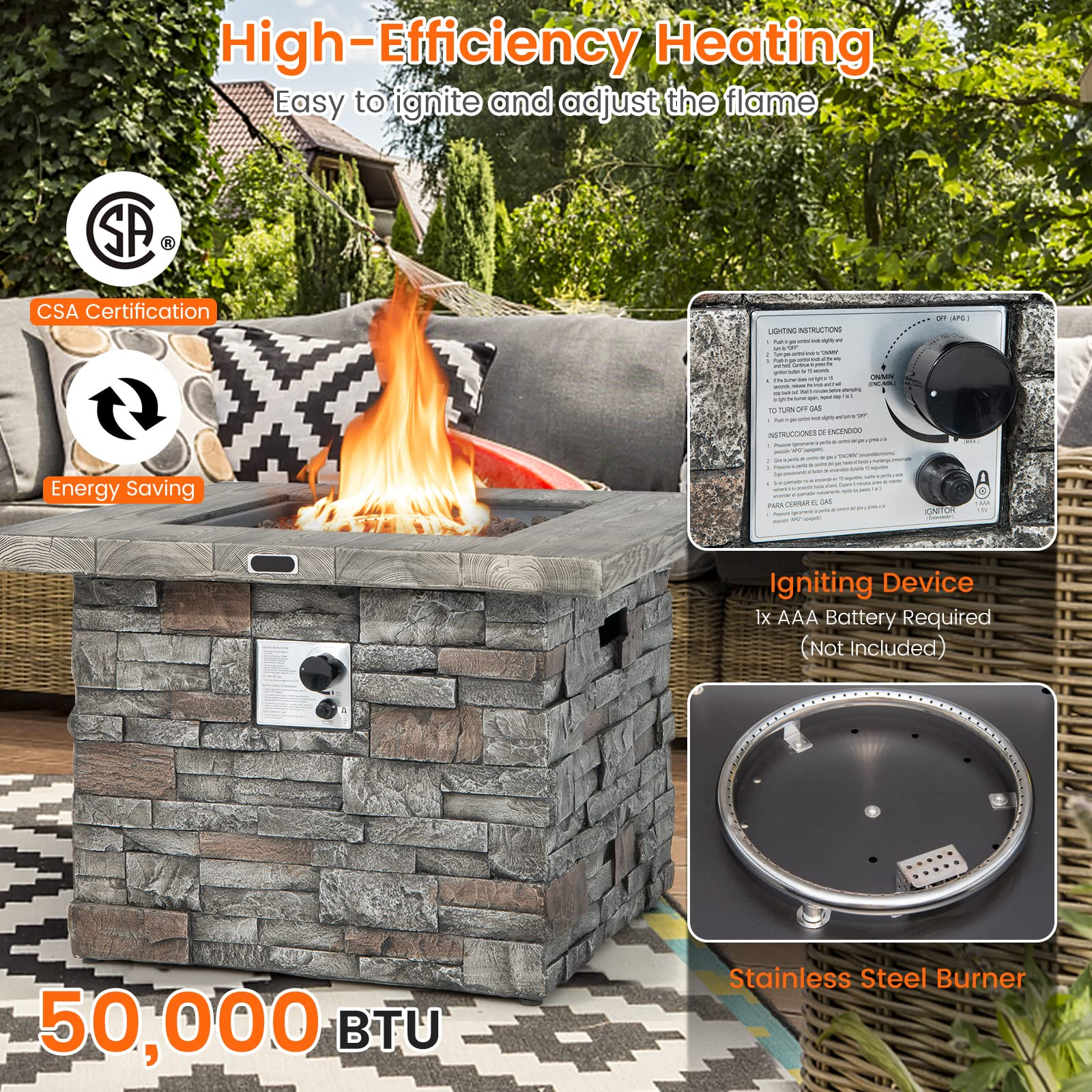 34.5" Propane Gas Fire Pit Table - Patio 2-in-1 Outdoor Square Fire Table W/ Volcanic Rock & PVC Cover