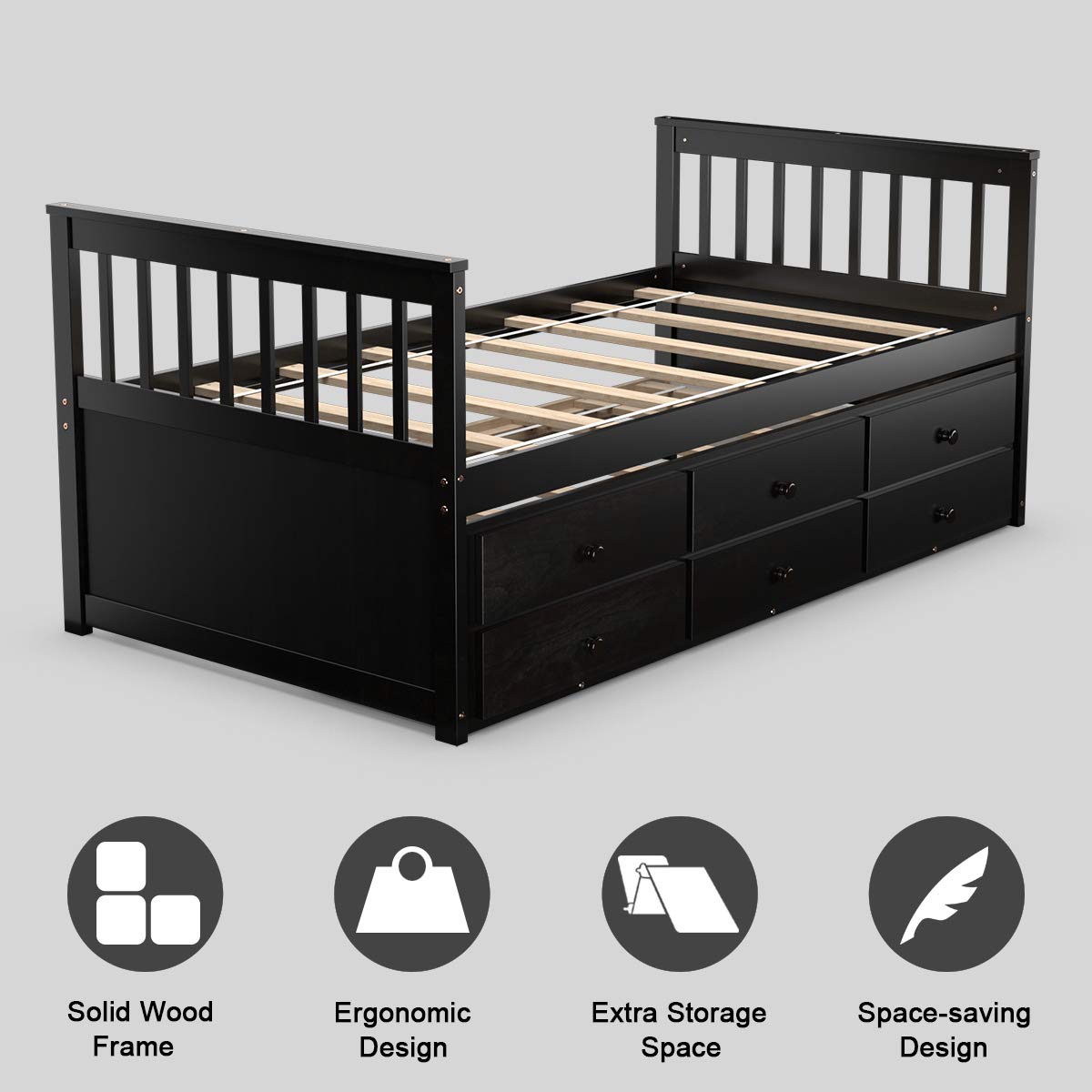 Giantex Twin Captain's Bed with Trundle Bed, Wood Storage Daybed with 3 Storage Drawers
