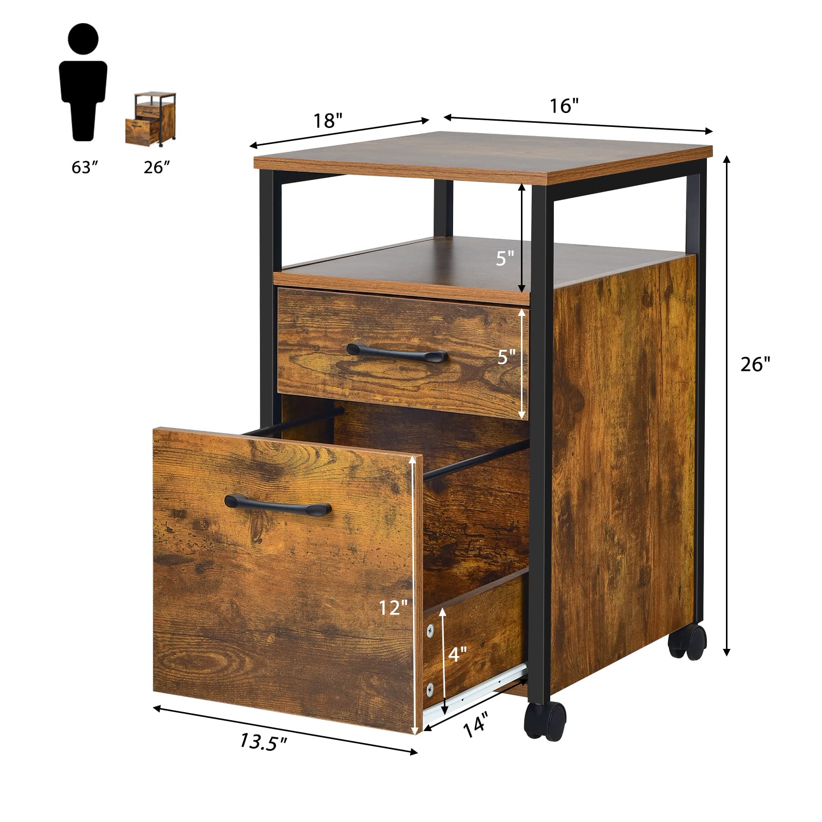 Giantex 2-Drawer Rolling File Cabinet, Under Desk File Cabinet Printer Stand on Wheels, Rustic Brown