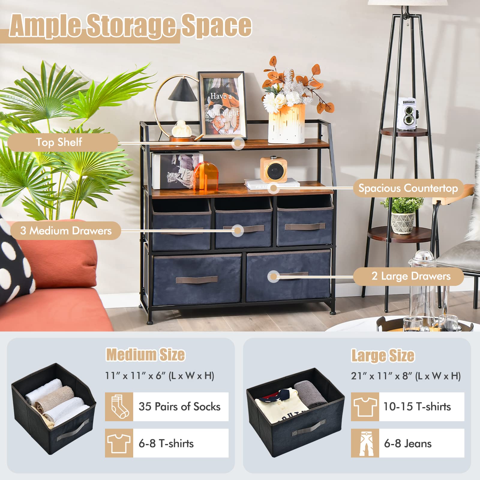 Giantex 5-Drawer Storage Dresser Organizer - Drawer Unit with Top Shelf, Anti-Toppling Design