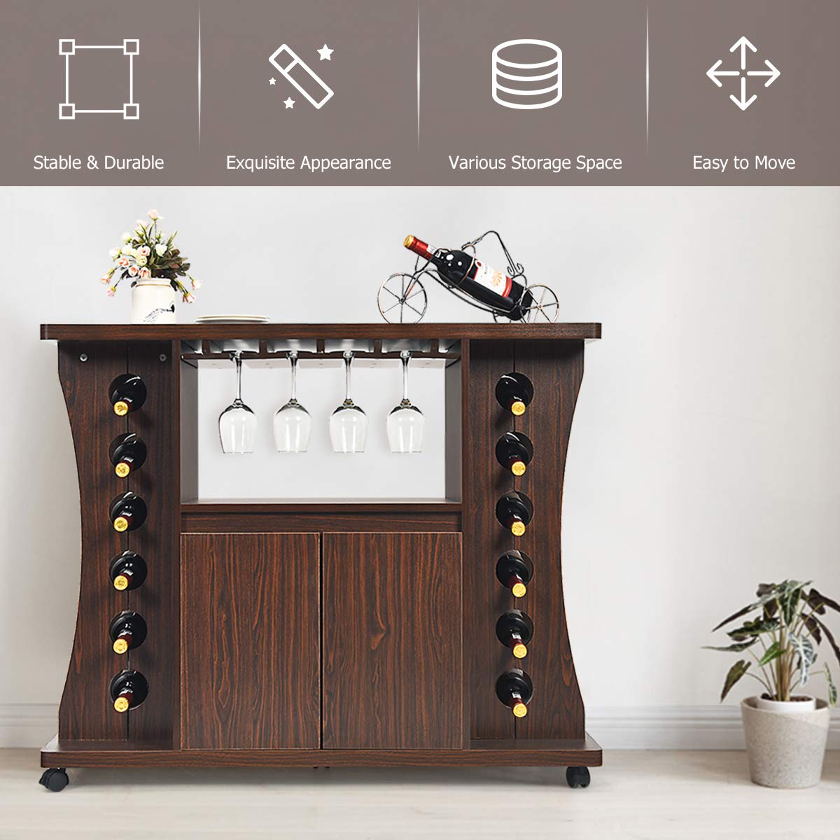 Buffet Server, Rolling Sideboard, Wood Credenza, Console Table