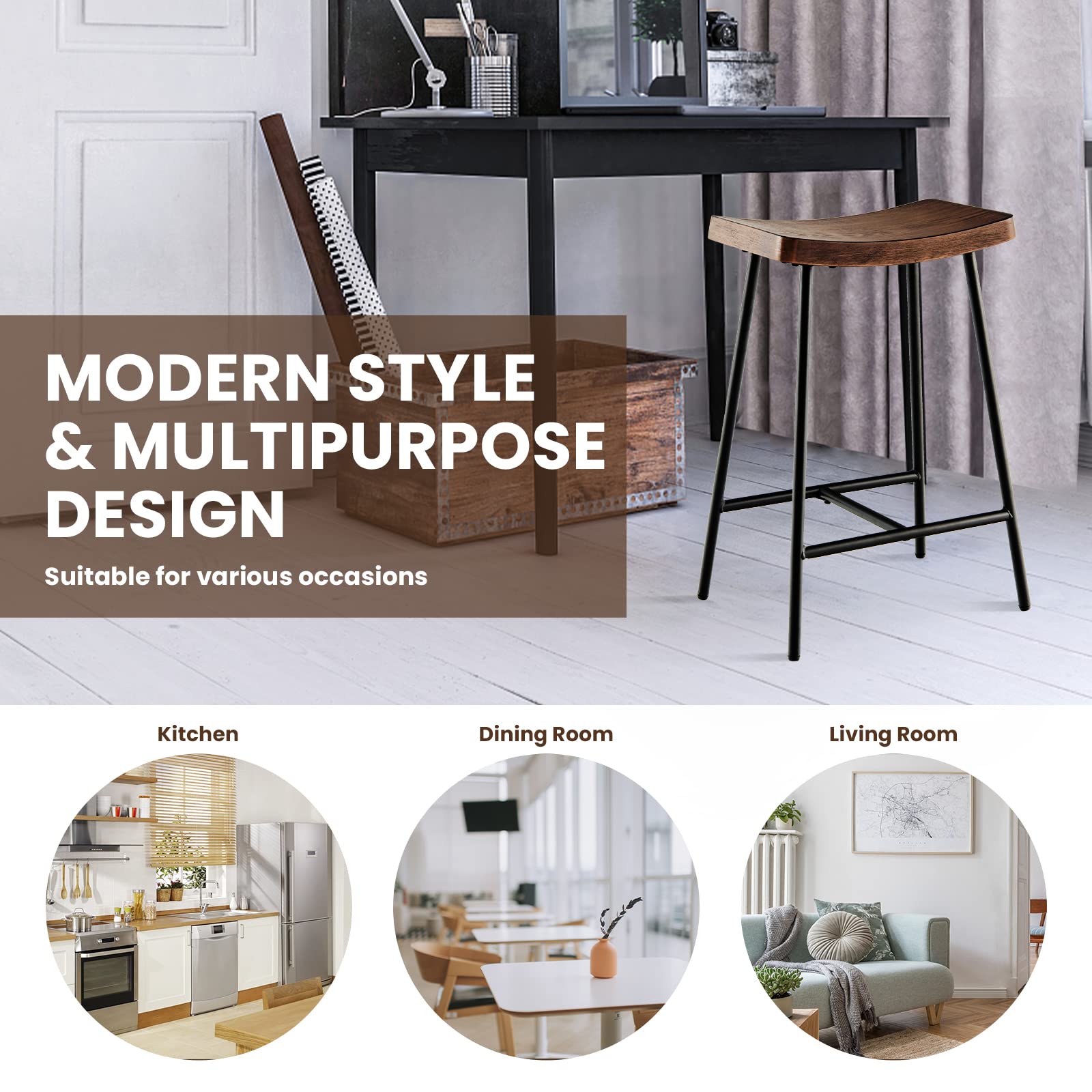 Industrial Saddle Stool with Footrest, Metal Legs, Adjustable Foot Pads, Backless Counter Height Chair for Living Room Kitchen Bar