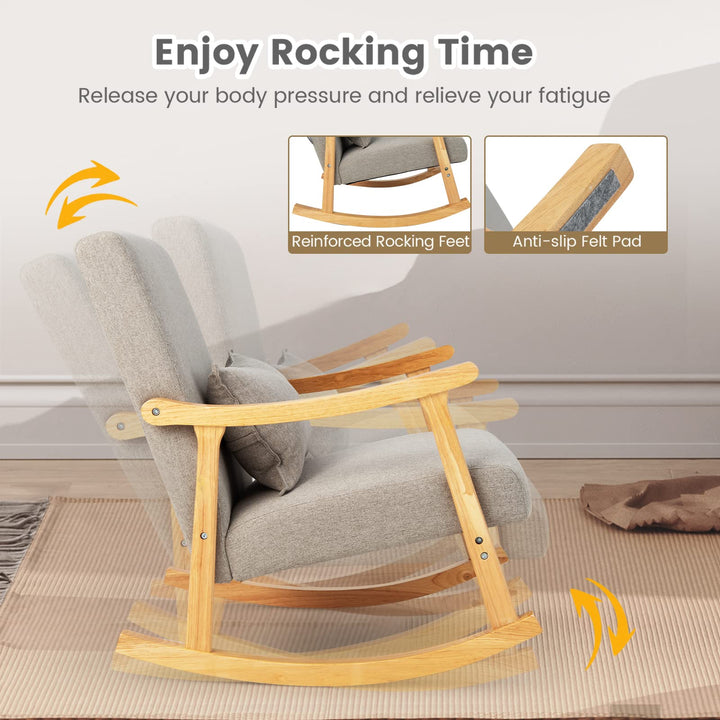 Giantex Upholstered Rocking Chair - Modern Rocker with Rubber Wood Frame, Comfy Backrest & Seat