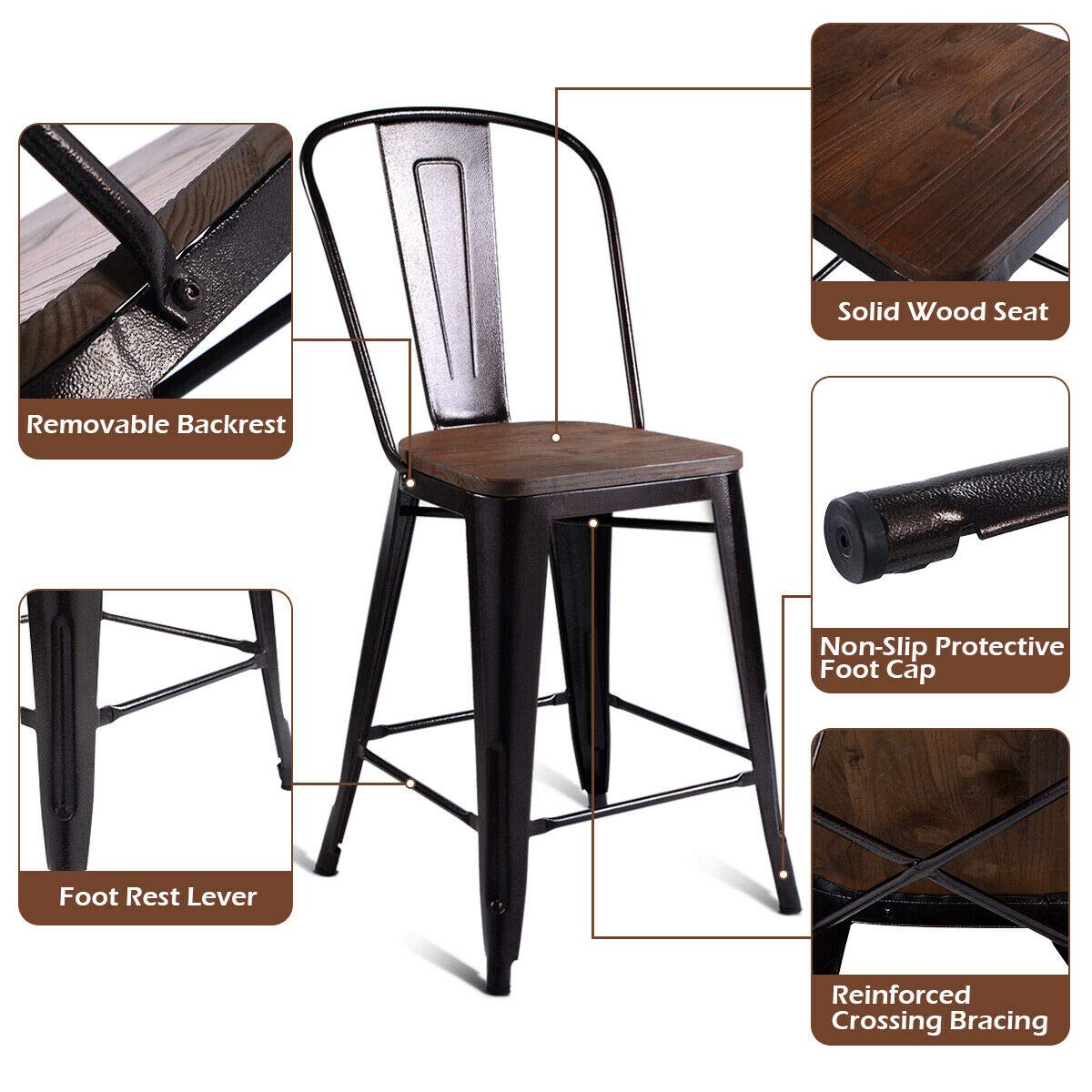 Giantex Tolix Style Dining Stools with Wood Seat and Backrest, Industrial Metal Counter Height Stool