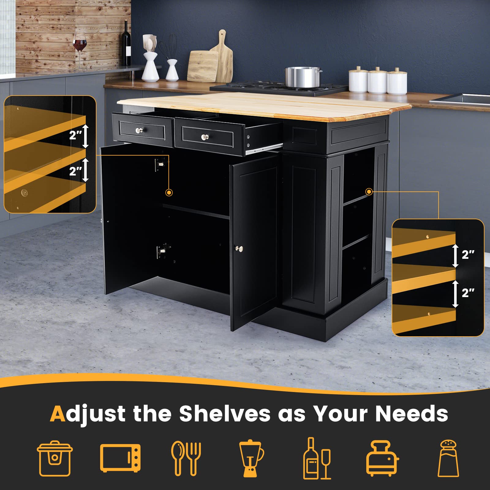 Giantex Kitchen Island with Drop Leaf, Rubber Wood Top, 2 Drawers, Storage Cabinets
