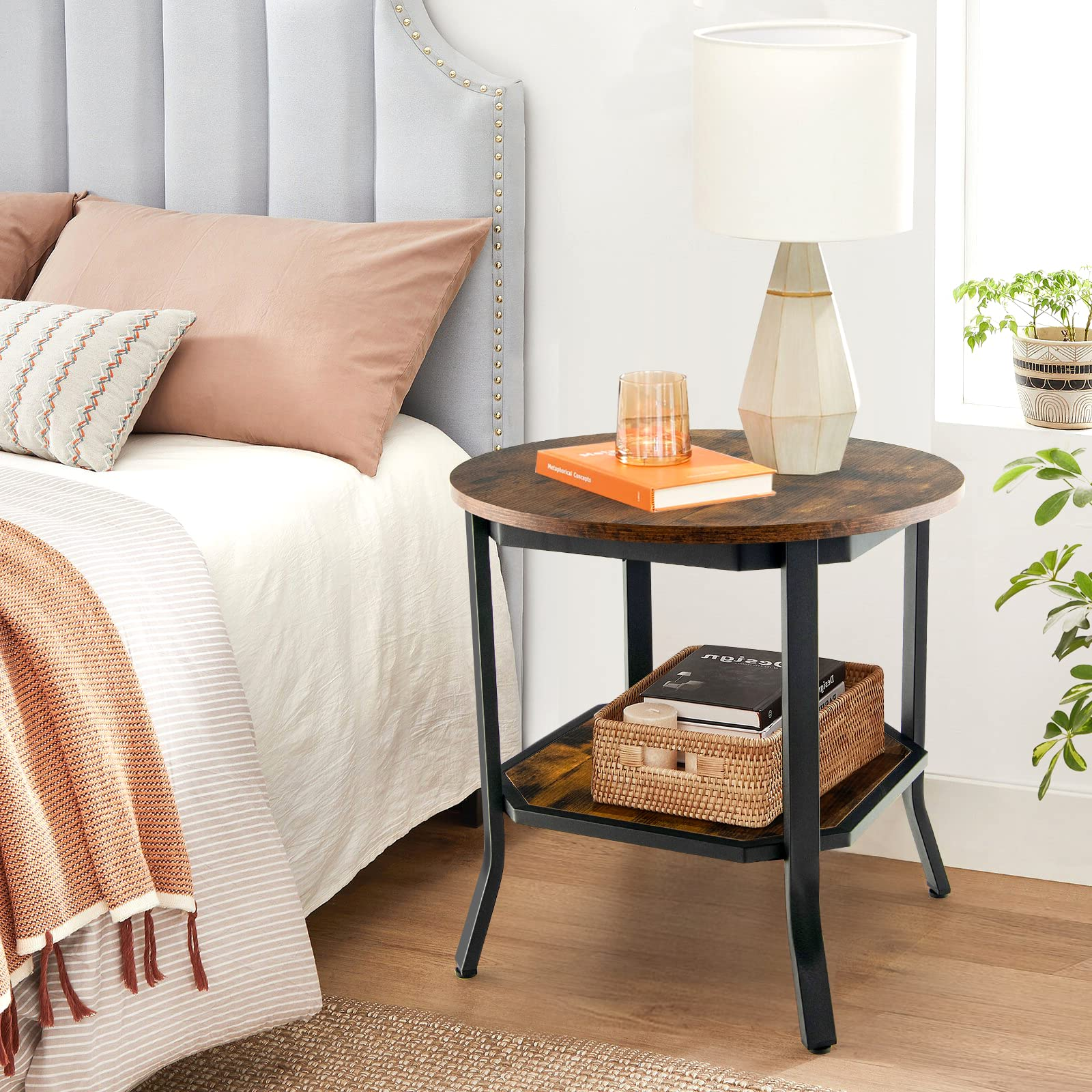 Giantex Round End Table, Industrial Nightstand w/Storage Shelf