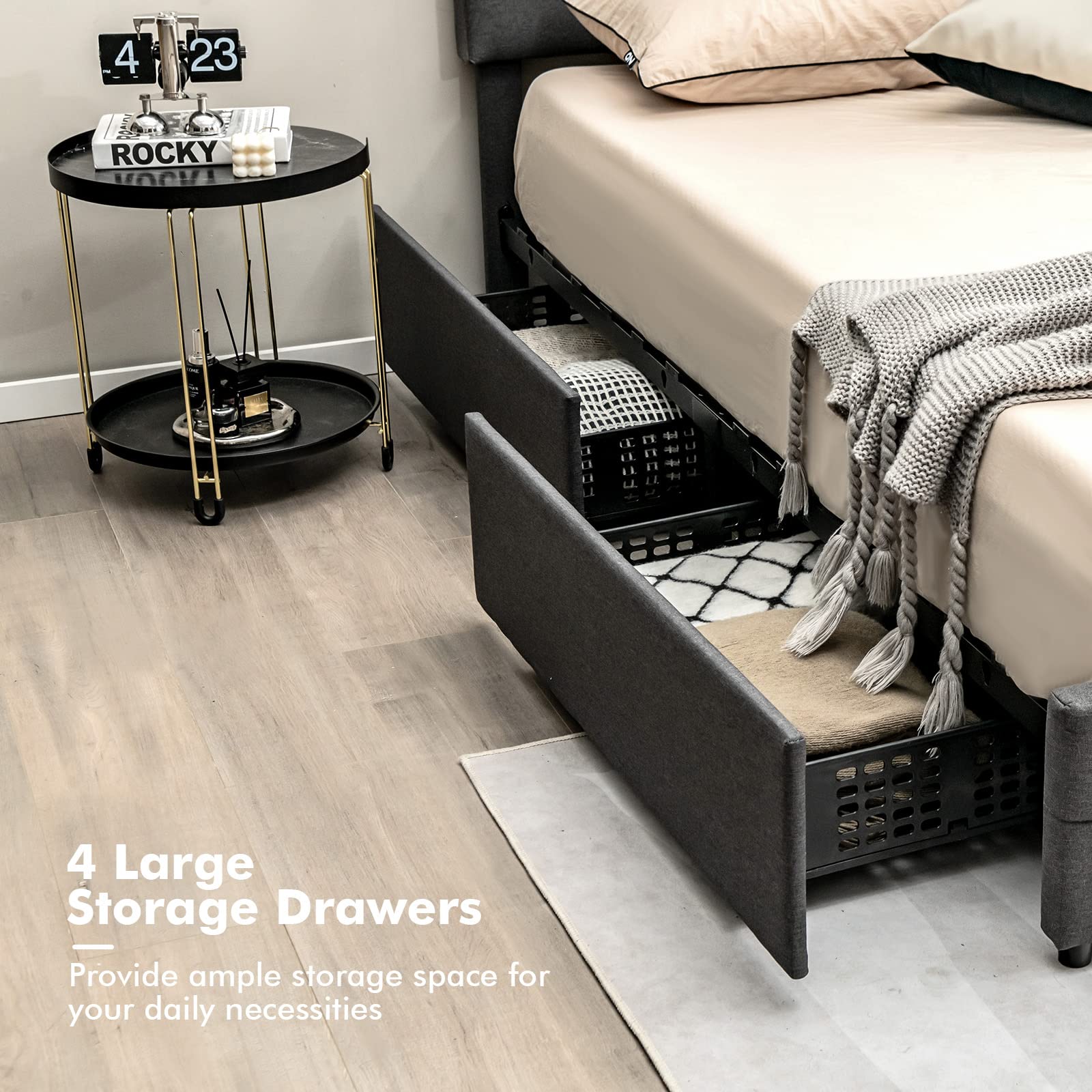 Giantex Queen Bed Frame with LED Lights and 4 Drawers, Upholstered Platform Bed Frame with USB Ports