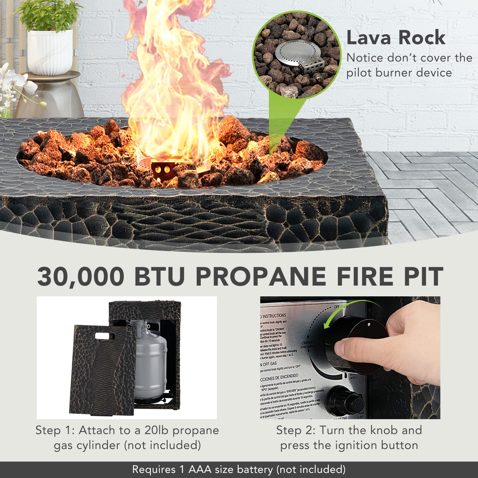 Fire Pit for Outside 16" as Fireplaces, 30,000 BTU Electronic Ignition Square