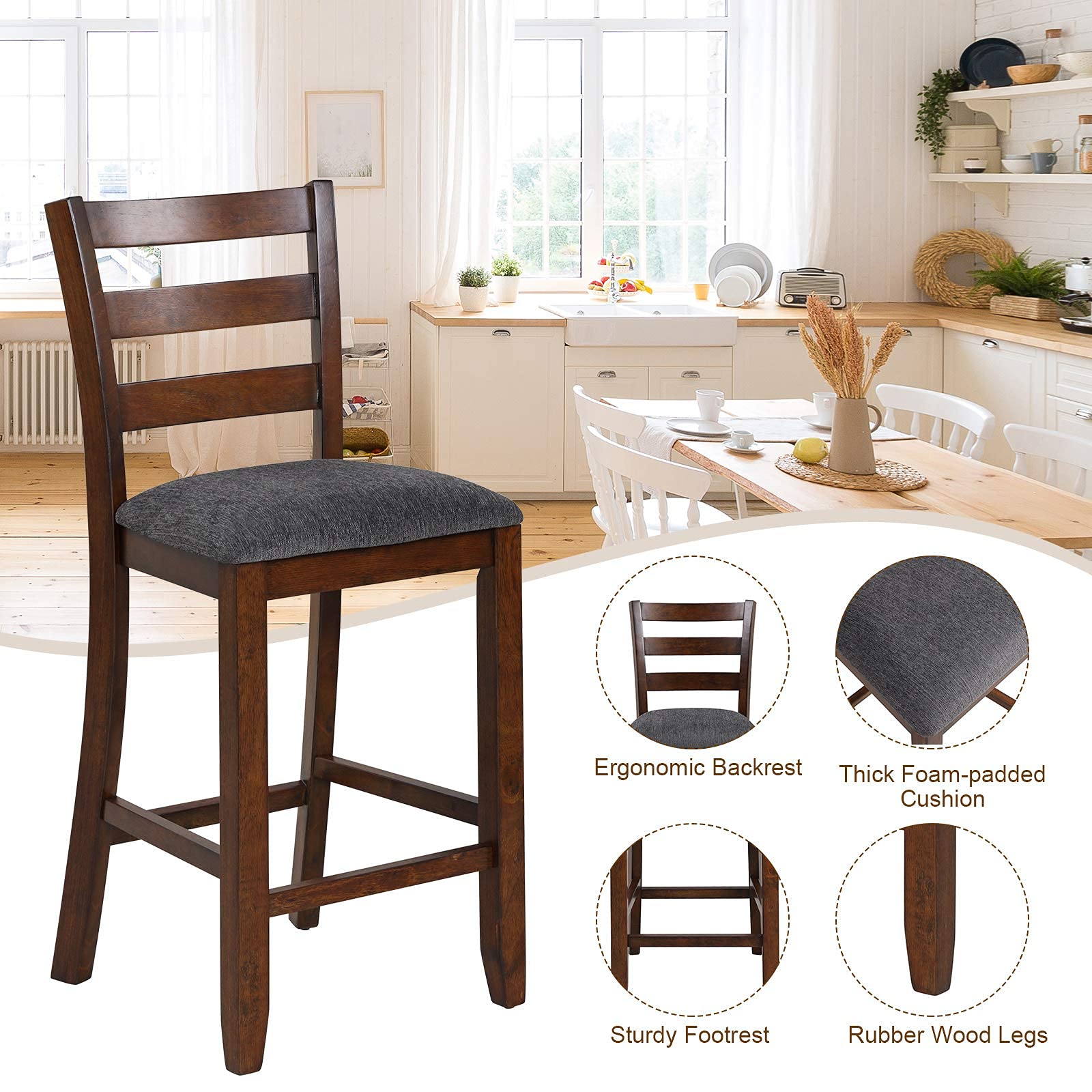 Upholstered Bar Stools with Solid Rubber Wood Frame, Foam-Padded Cushion