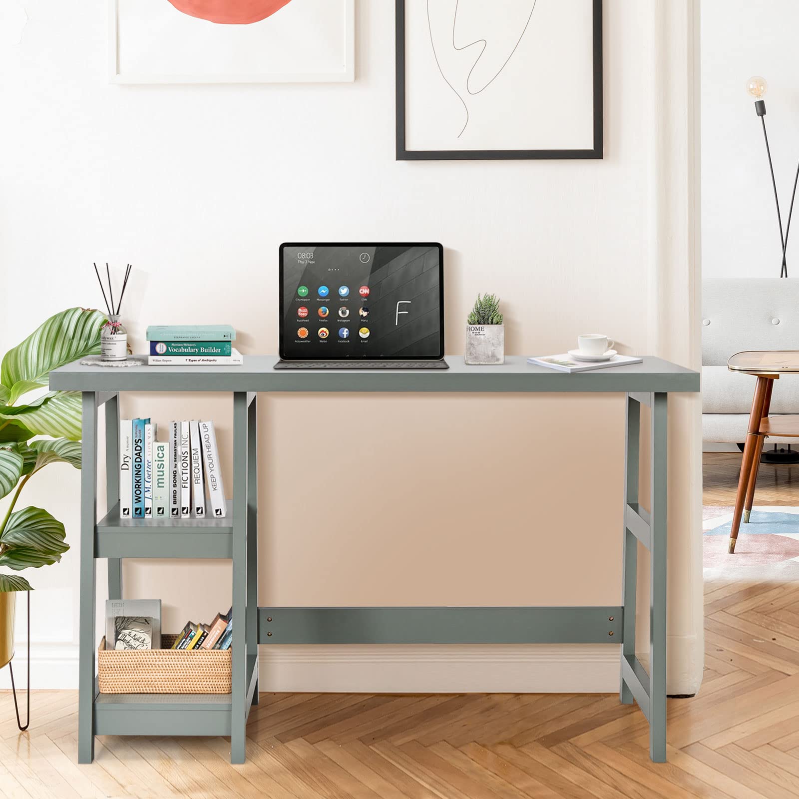 Writing Desk, Wooden Trestle Desk with Removable Storage Shelves