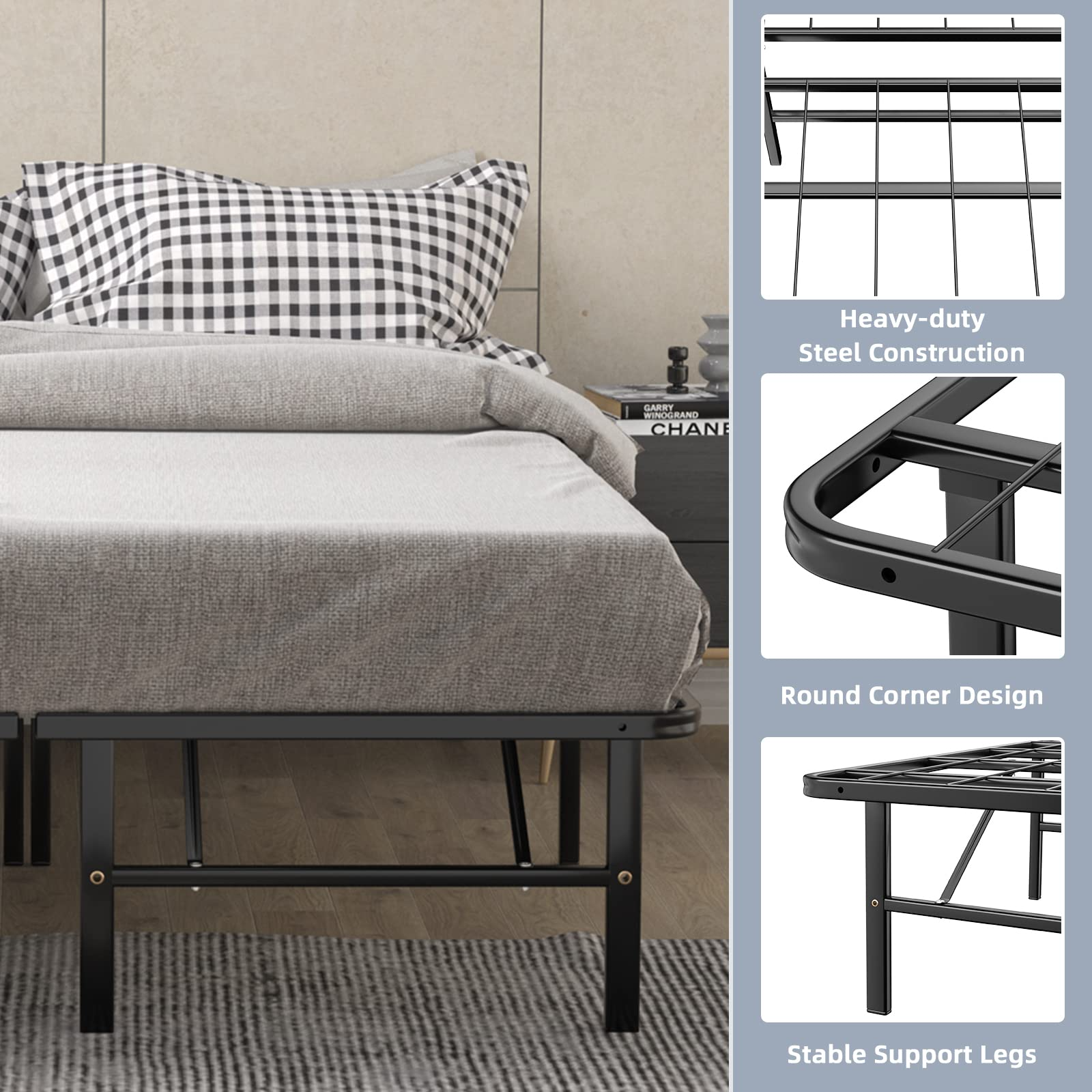14 Inch Foldable Metal Mattress Foundation | Heavy Duty Bed Frame with Steel Slat