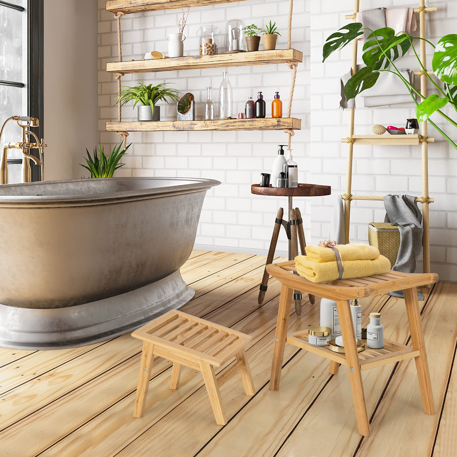 Bamboo Shower Bench with Foot Stool, Shower Seat Bench with Underneath Storage Shelf