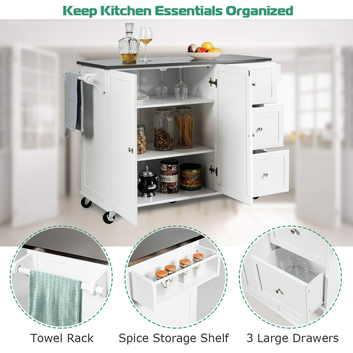 Giantex Kitchen Island with Stainless Steel Countertop, Dark Brown