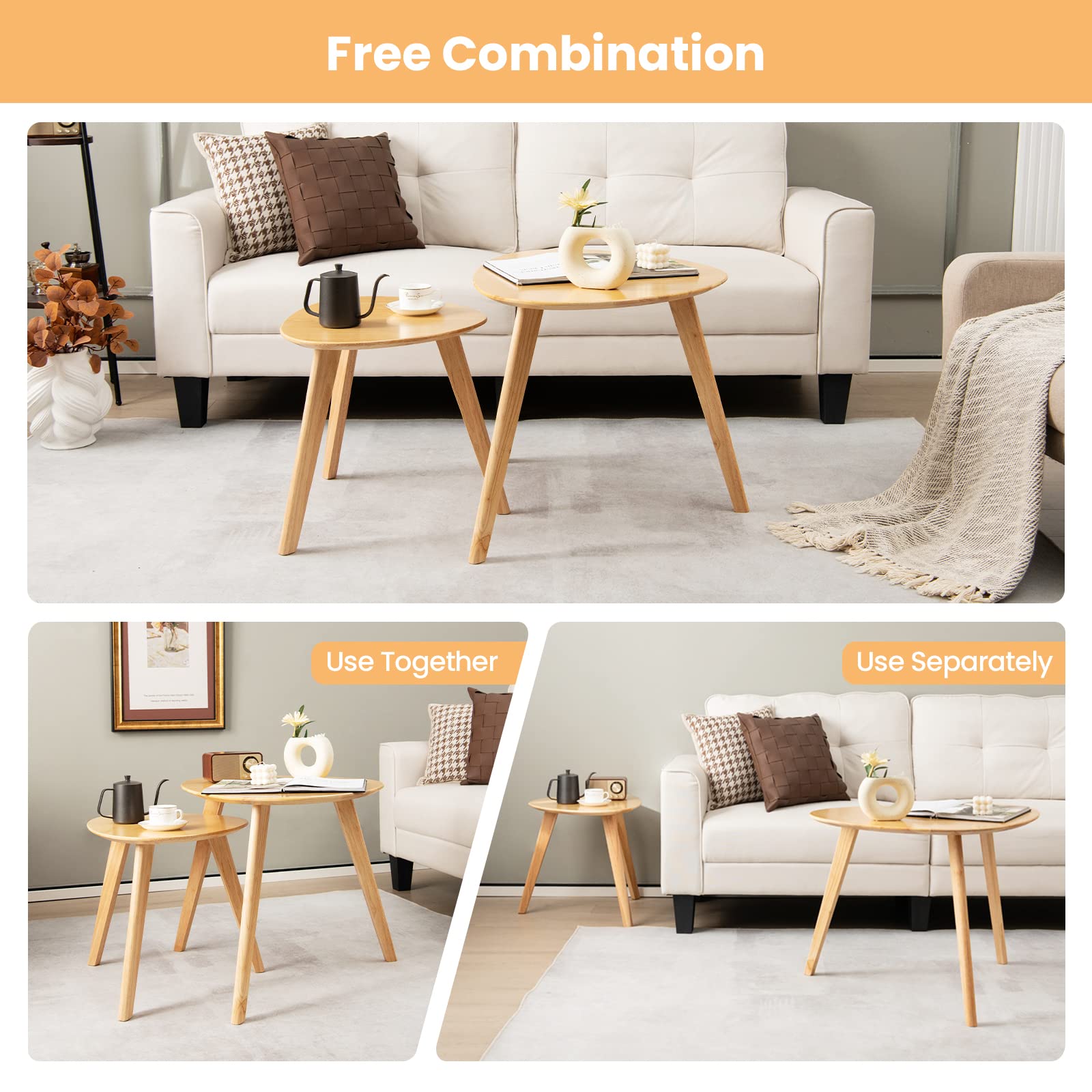 Giantex Set of 2 Nesting Coffee Tables, 2 PCS Oval Wood Sofa End Tables with Rubber Wood Legs, Natural