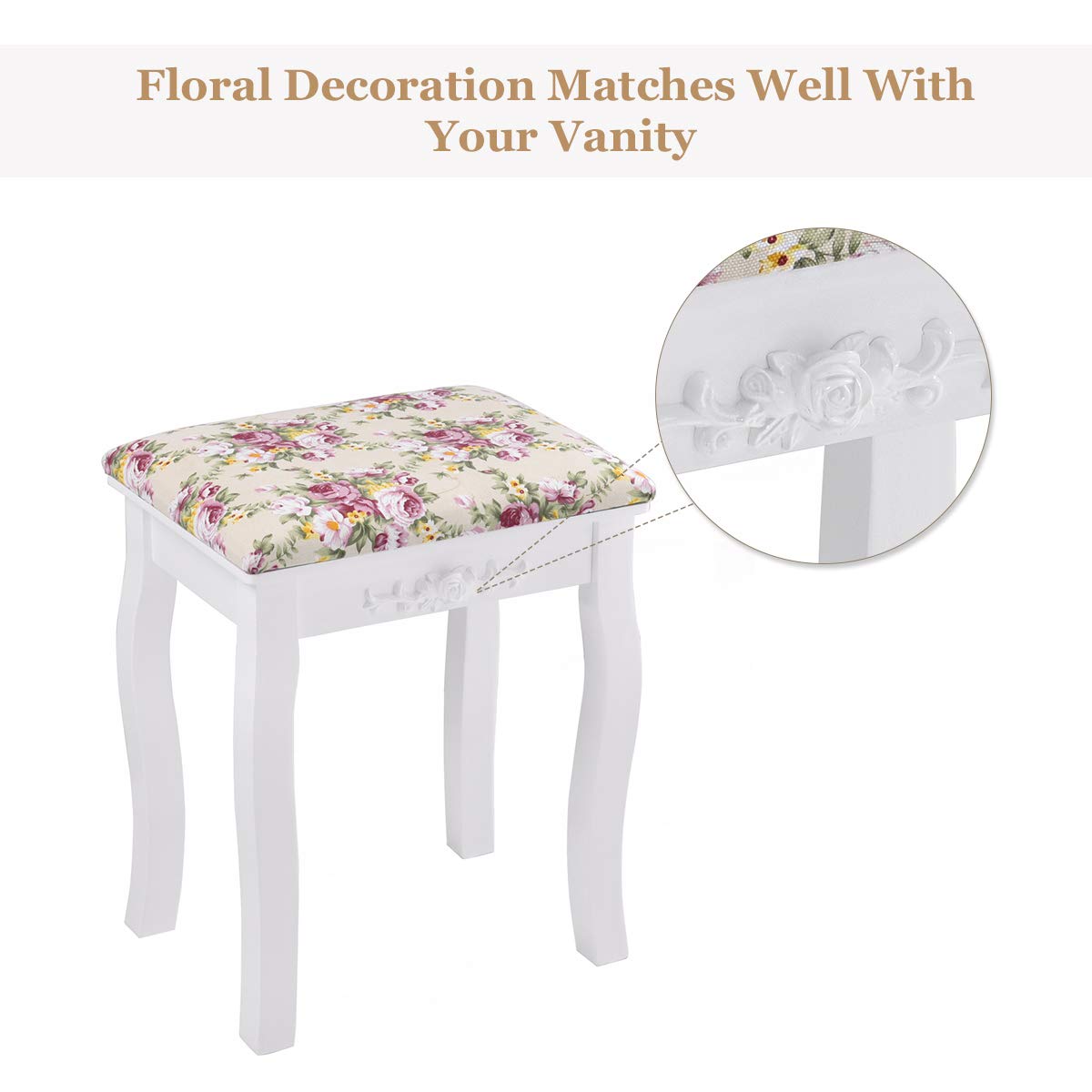 Vanity Stool Wood Dressing Padded Chair (White)