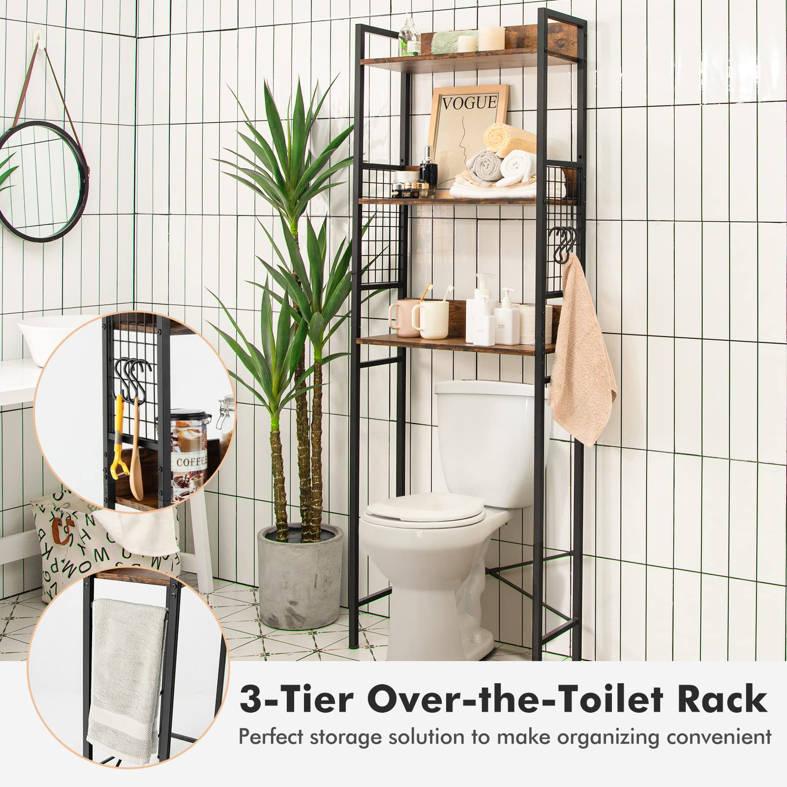 Giantex Over-The-Toilet Storage Shelf, 3-Tier Bathroom Space Saver with 3 Hooks (Rustic Brown)