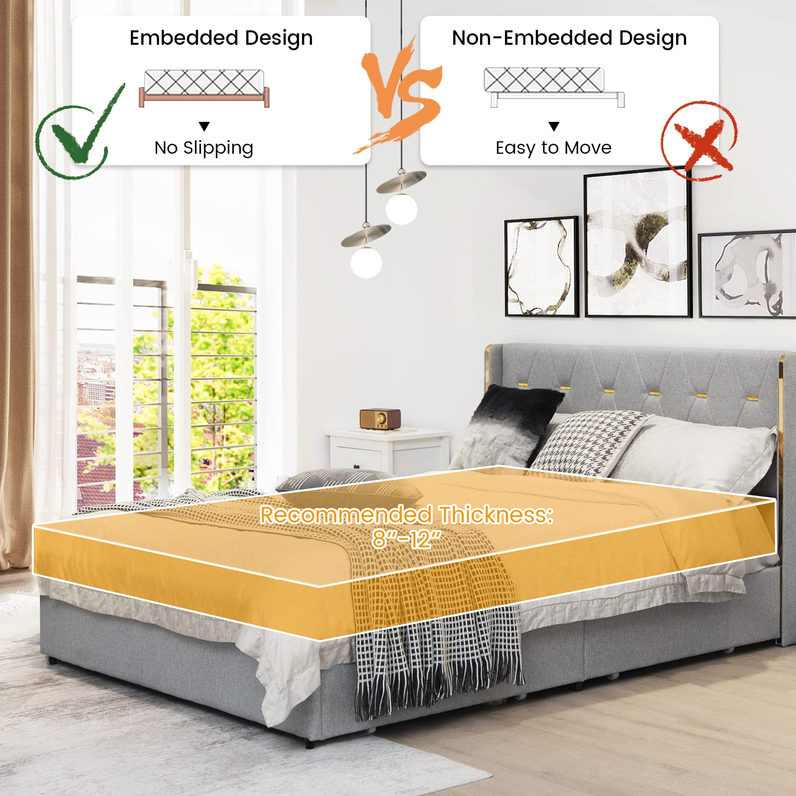 Giantex Upholstered Bed Frame with 4 Drawers