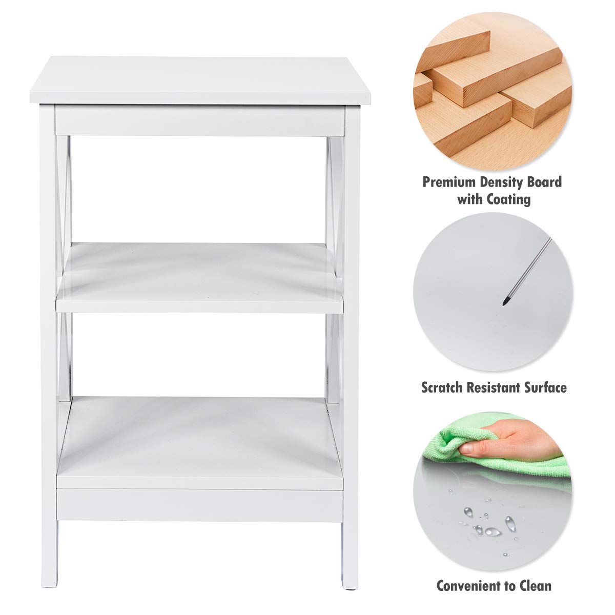 Nightstand 3-Tier X-Design W/Storage Shelves and Stable Structure Storage Organizer Display Sofa Side Table