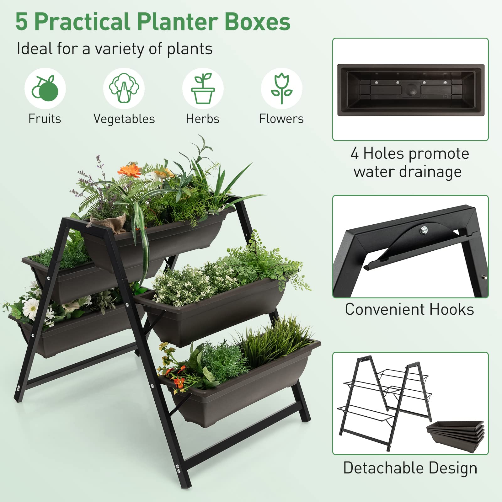 Giantex Set of 2 Vertical Raised Garden Bed, 5 Planter Boxes Container w/ Drainage Holes