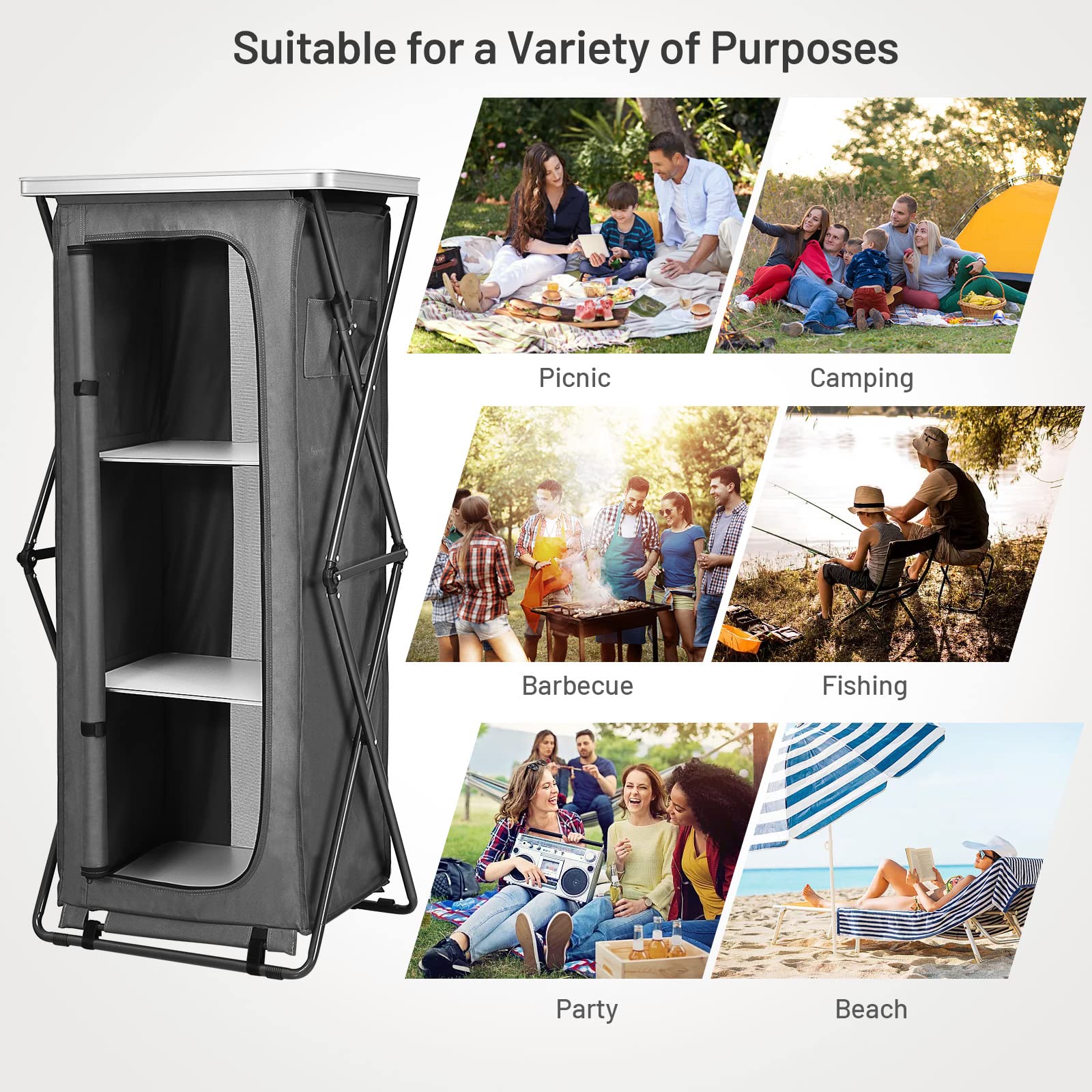 Folding Camping Storage Cabinet with 3 Shelves and Carry Bag