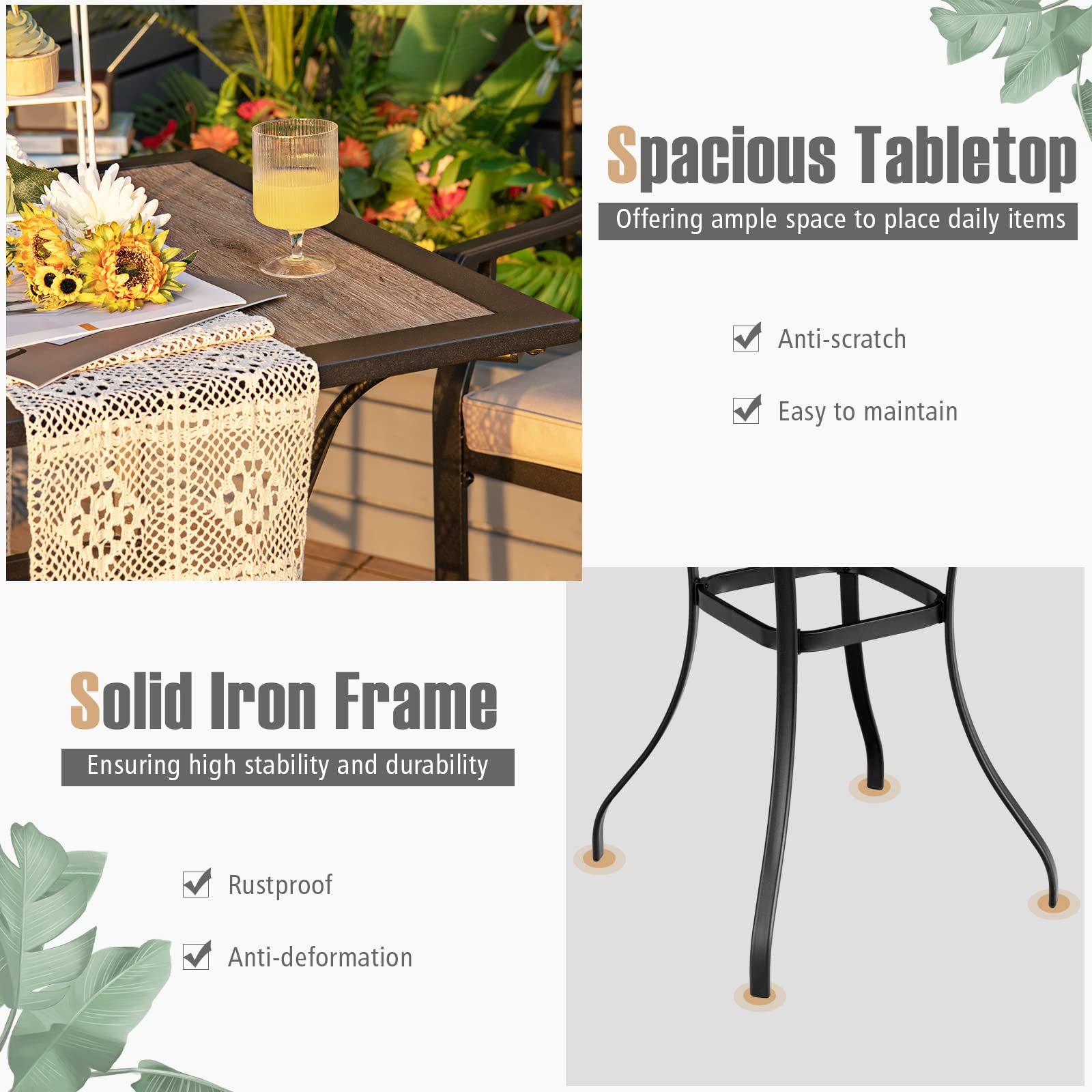 3 Piece Patio Bar Table Set Outdoor Square Bistro Bar Table High Chairs with Cushion Metal Stool