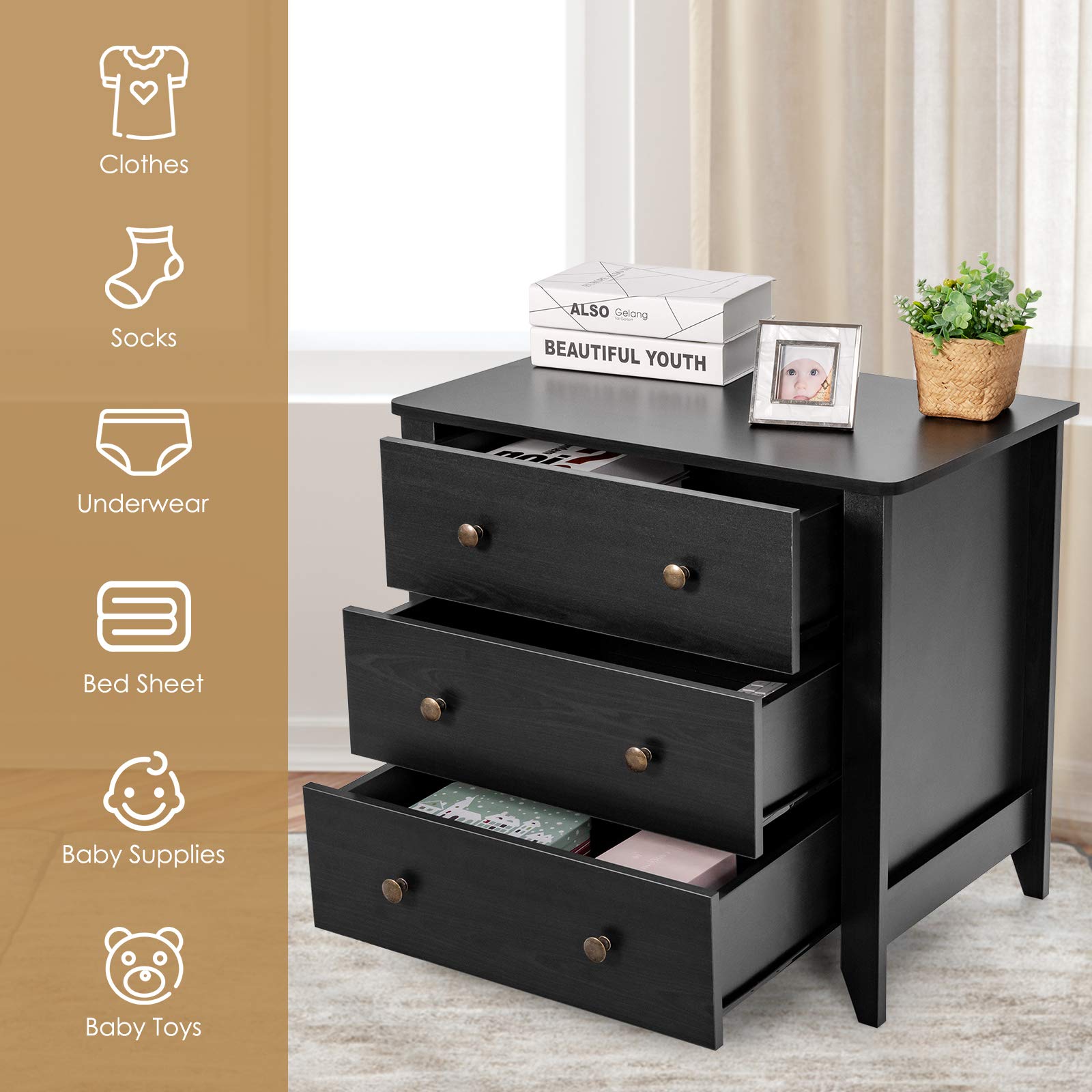 Giantex Modern Simple Dresser 3-Drawers Chest with Solid Curved Legs
