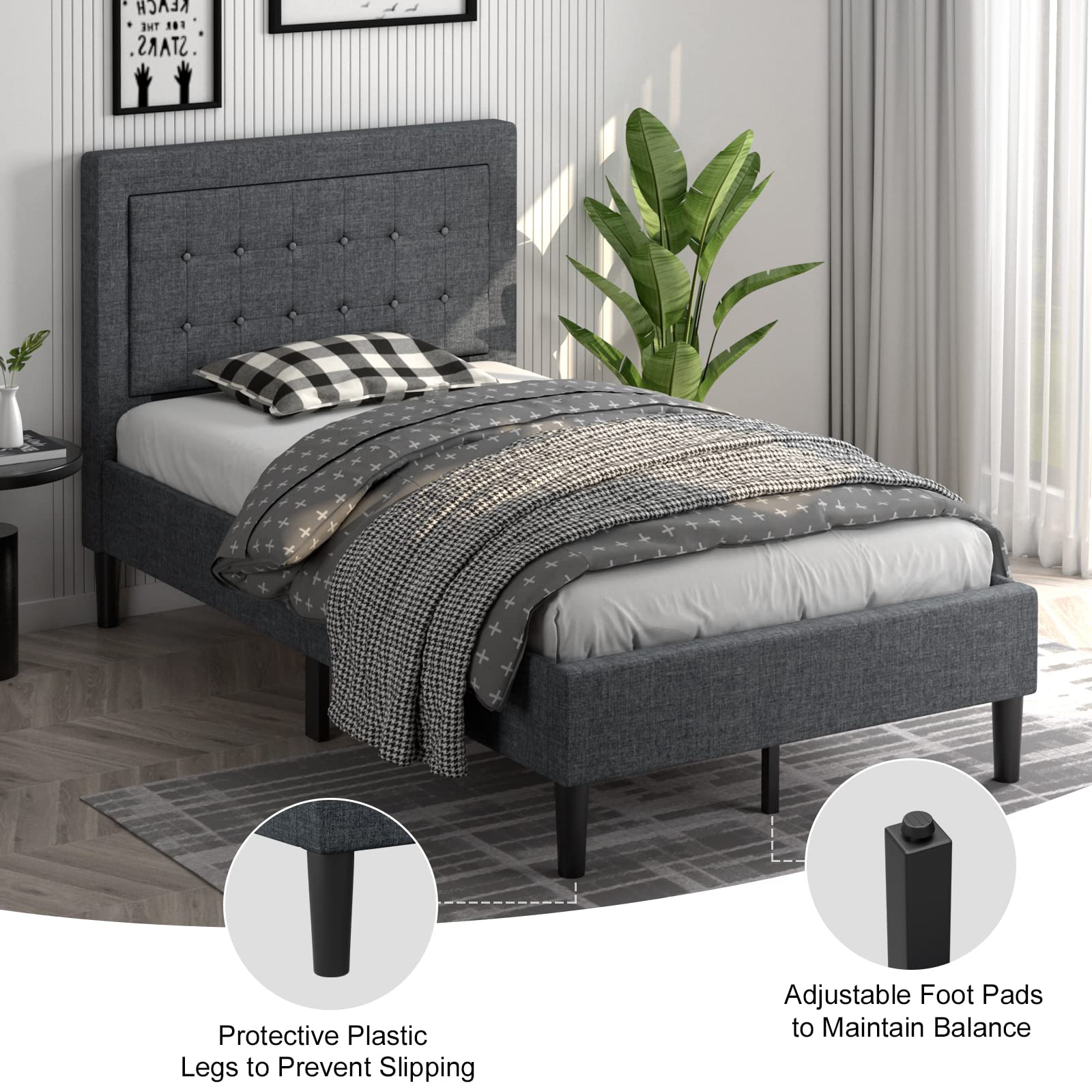 Modern Platform Bed w/Button Tufted Headboard | Upholstered Bed Frame