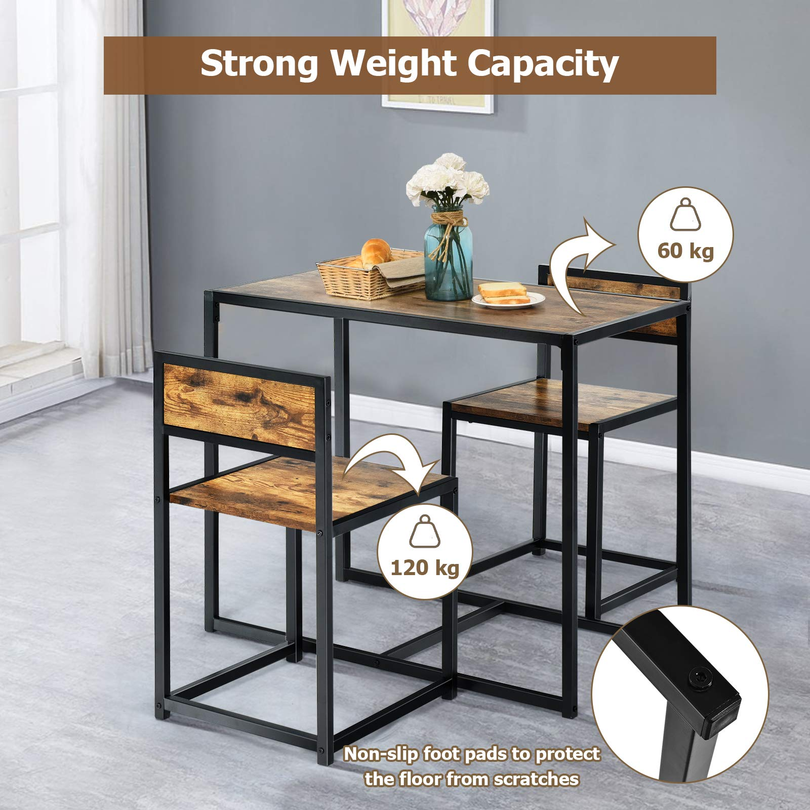 3 Piece Dining Set, Industrial Dining Table with 2 Chairs