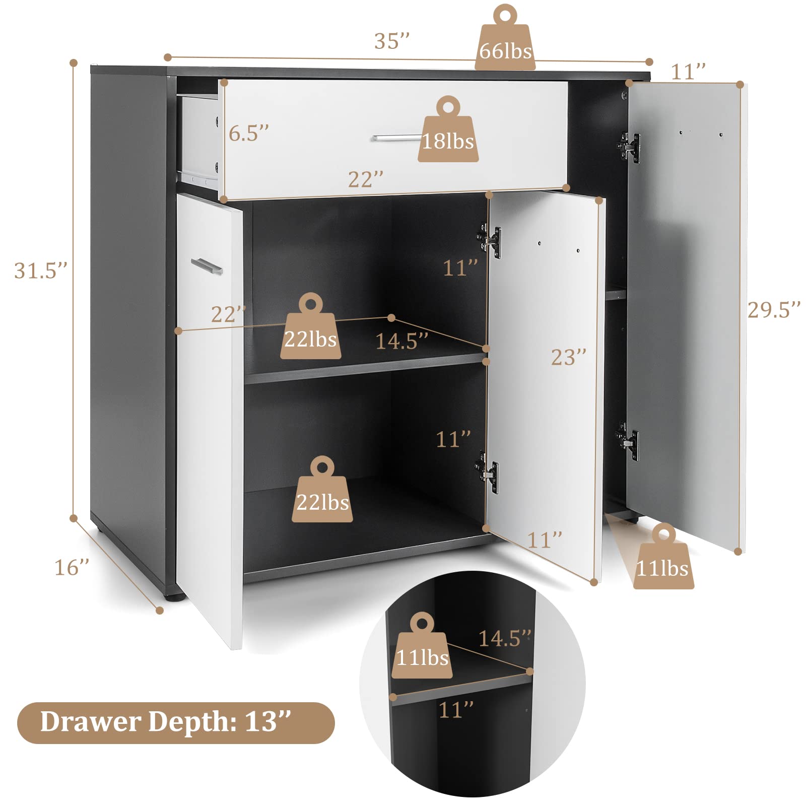 Giantex Buffet Cabinet with Storage, 3 Door Kitchen Cupboard with Large Drawer, Adjustable Shelf