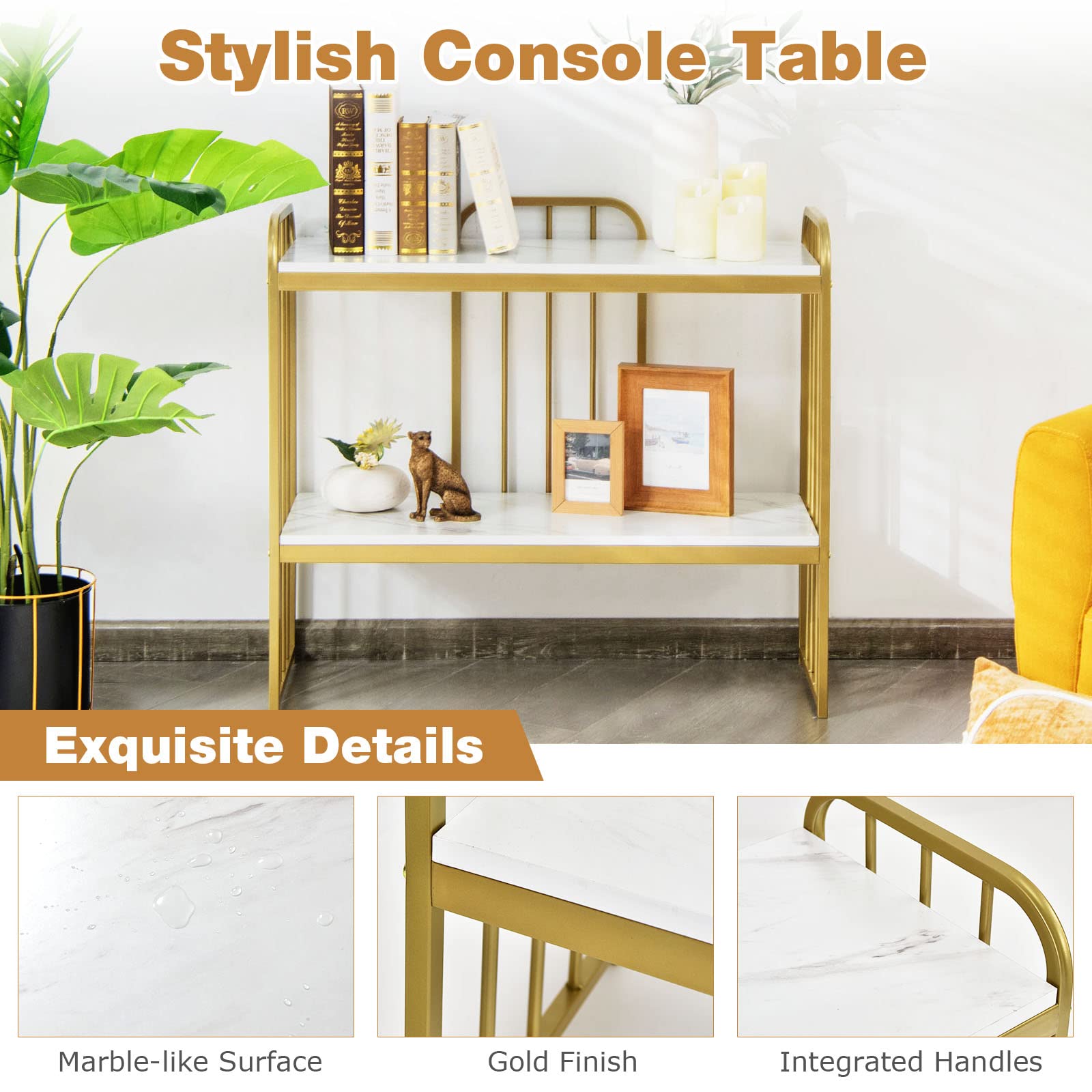Giantex Console Table 2 Tier Narrow Entryway Table with Shelf (Gold)