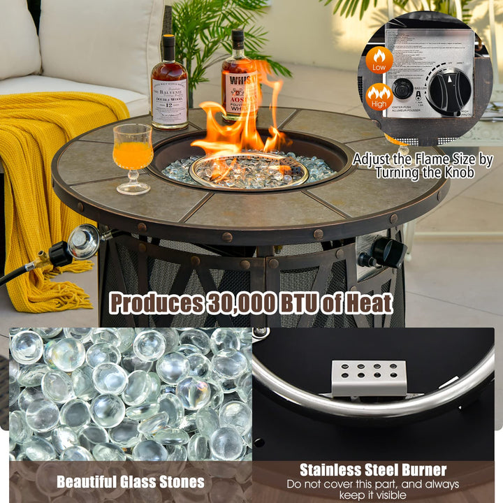 Giantex 32" Gas Fire Pit Table - 30,000 BTU Round Outdoor Fire Pit with Lid, PVC Cover, Glass Stones, Black