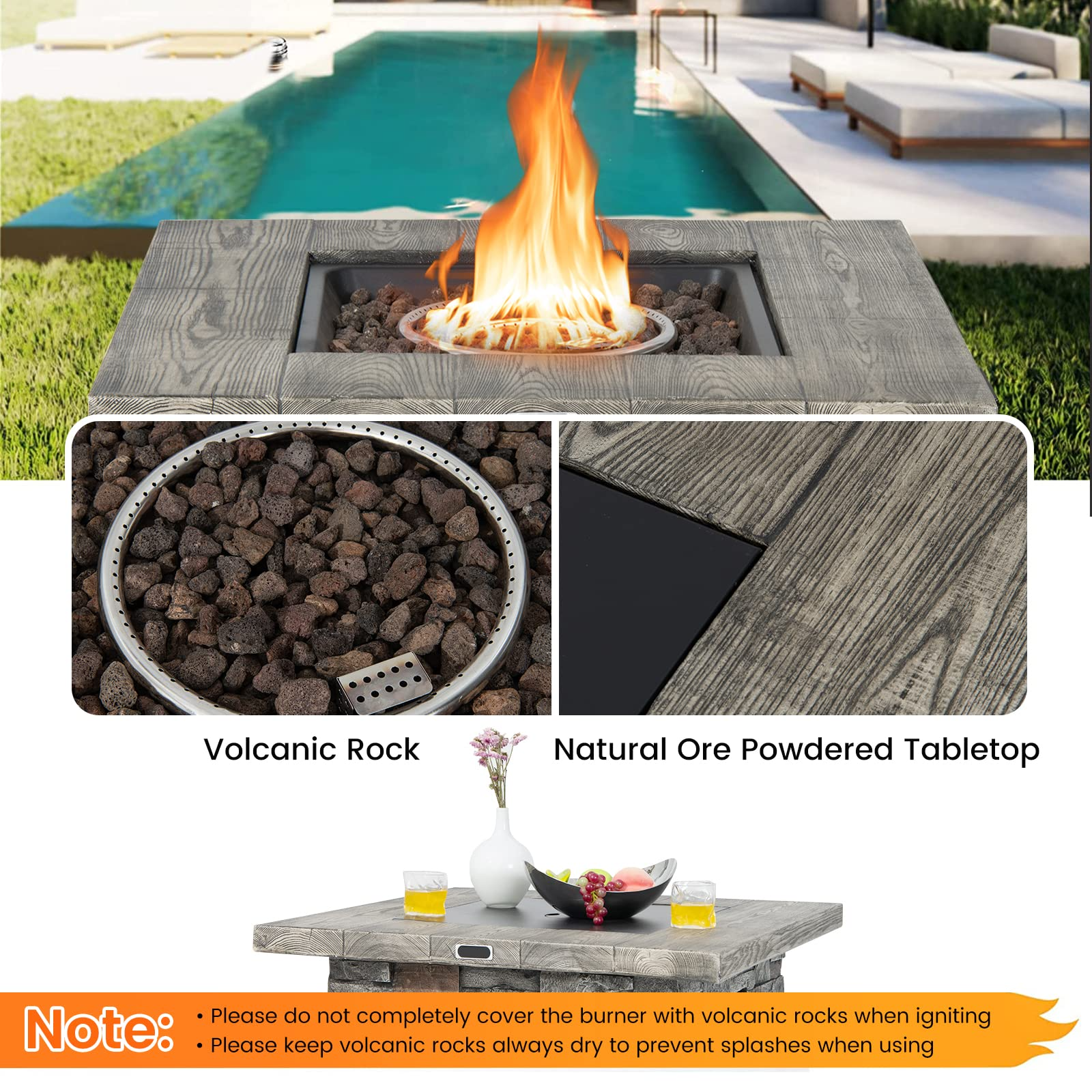 34.5" Propane Gas Fire Pit Table - Patio 2-in-1 Outdoor Square Fire Table W/ Volcanic Rock & PVC Cover