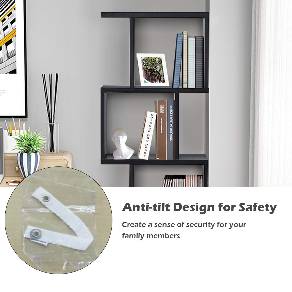 4 Tier Bookshelf S Shaped Bookcase, Multifunctional Wooden Display Decor Furniture