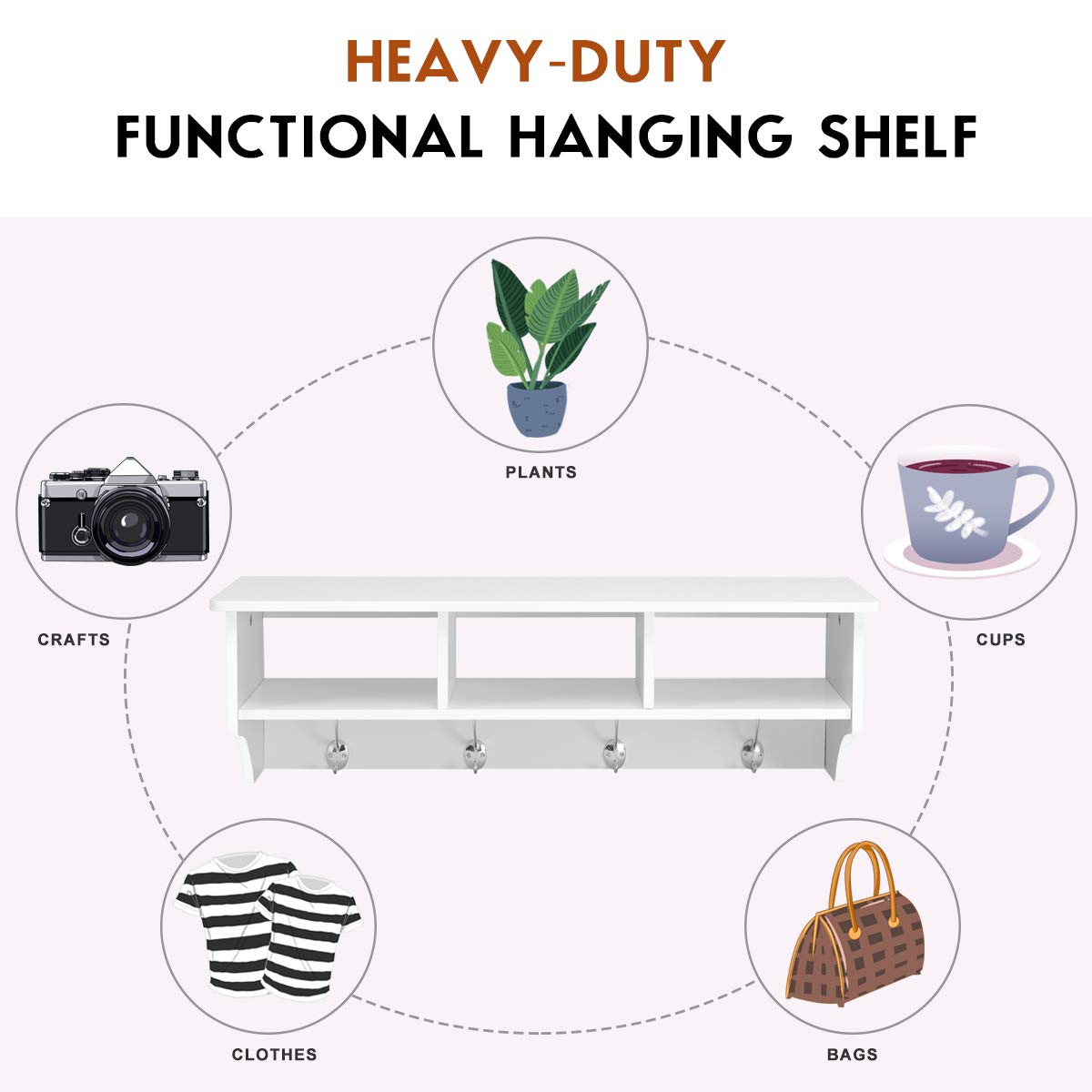 Giantex Hanging Shelf with Hooks Wall Mount Cubby Organizer with 4 Dual Hooks and Storage for Entryway
