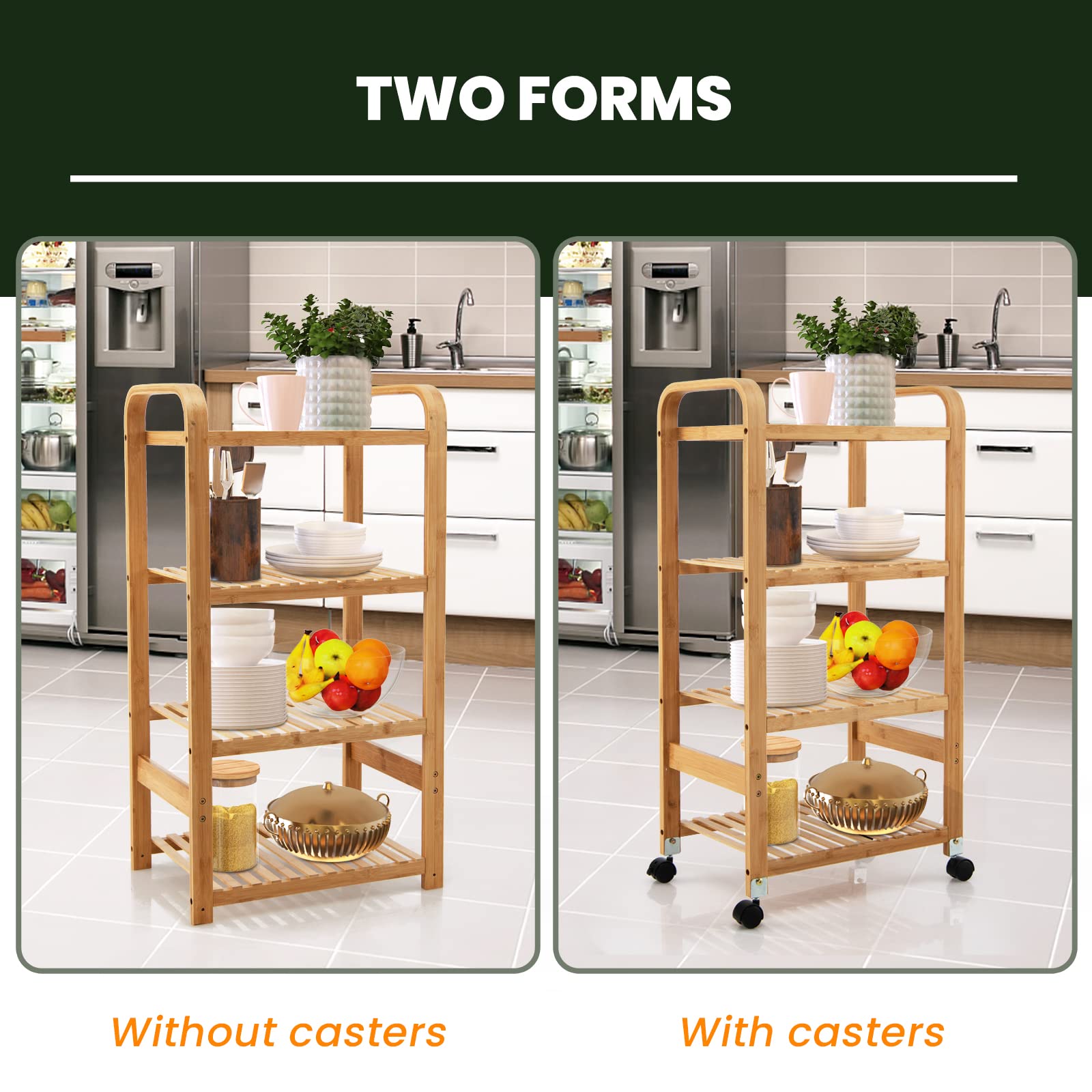 Giantex 4-Tier Bamboo Storage Cart, Rolling Utility Cart, Storage Rack on Wheels