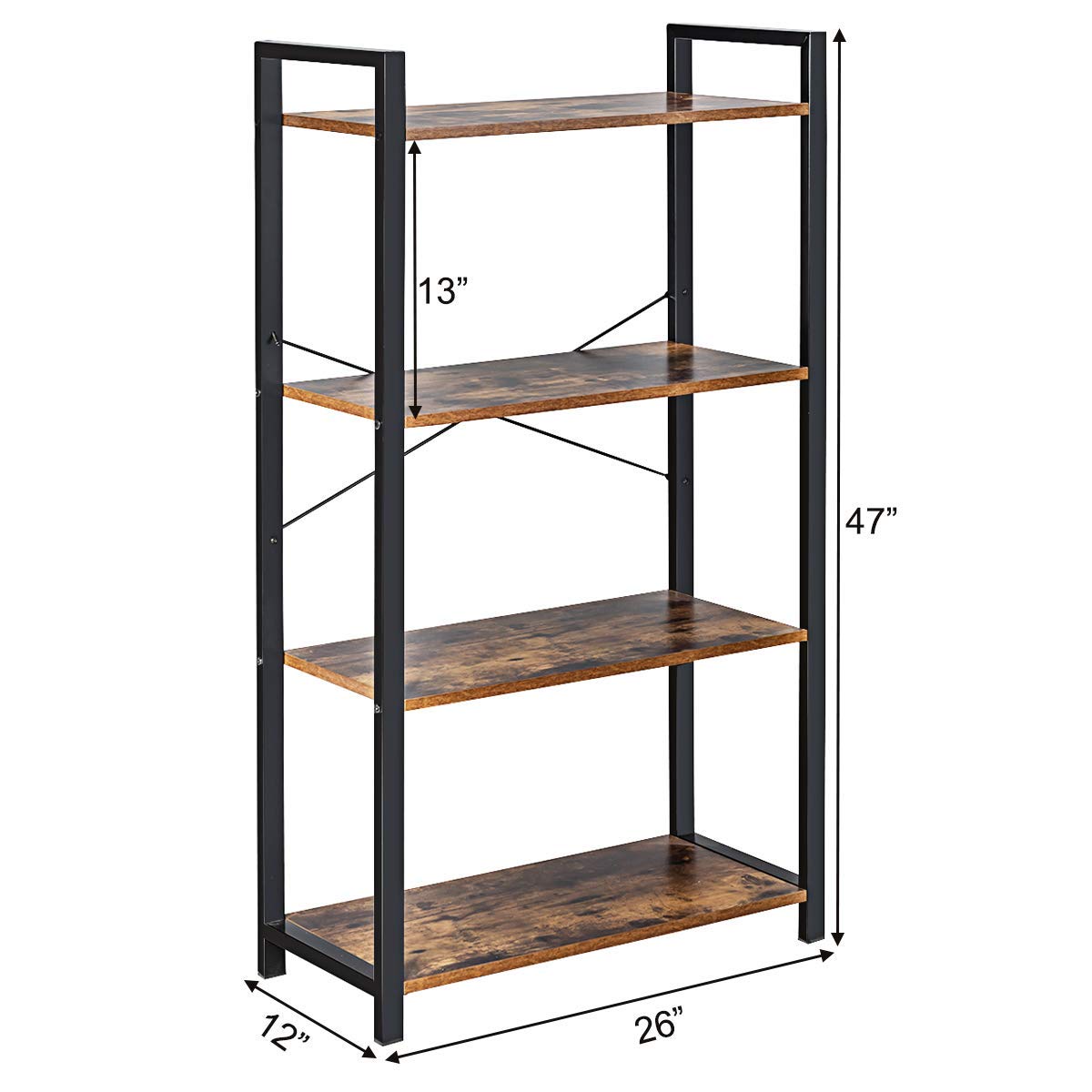 Giantex 4-Tier Industrial Bookshelf, Vintage Bookcase with Metal Frame, Standing Shelf Unit