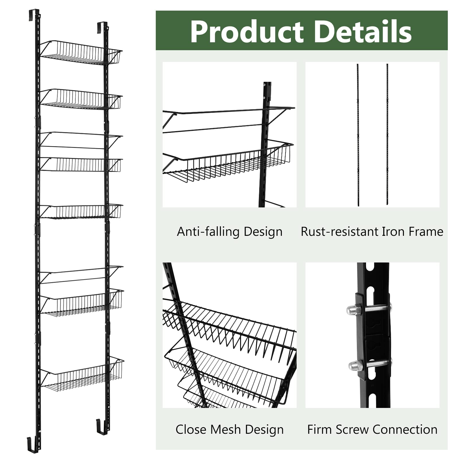 Heavy-duty Pantry Door Organizer with 6 Metal Wire Baskets