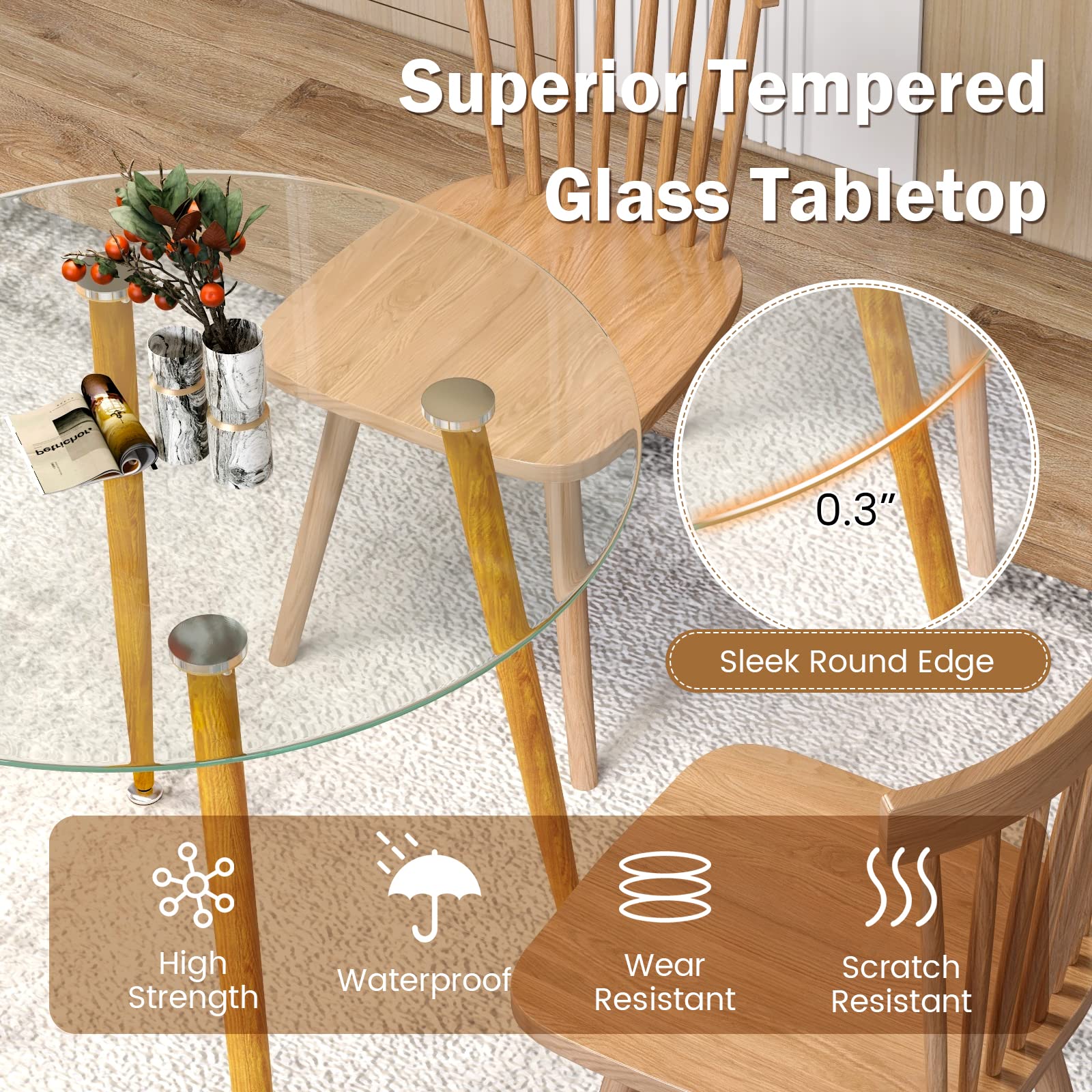 Giantex Round Glass Dining Table, Kitchen Dinner Table with Tempered Glass Tabletop & Metal Legs