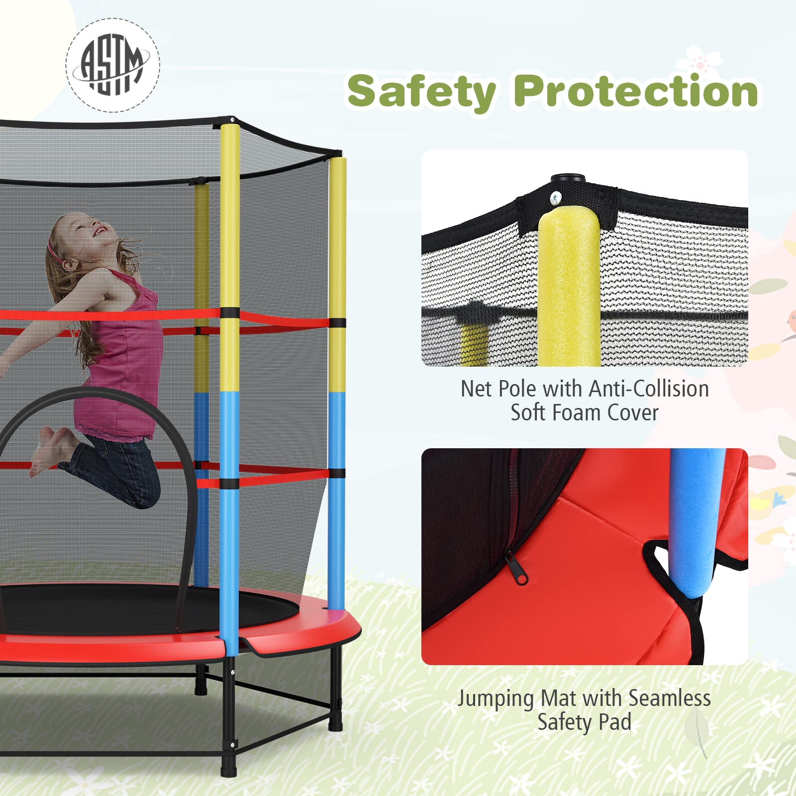 55" Kids Trampoline  with Safety Enclosure Net & Spring Pad