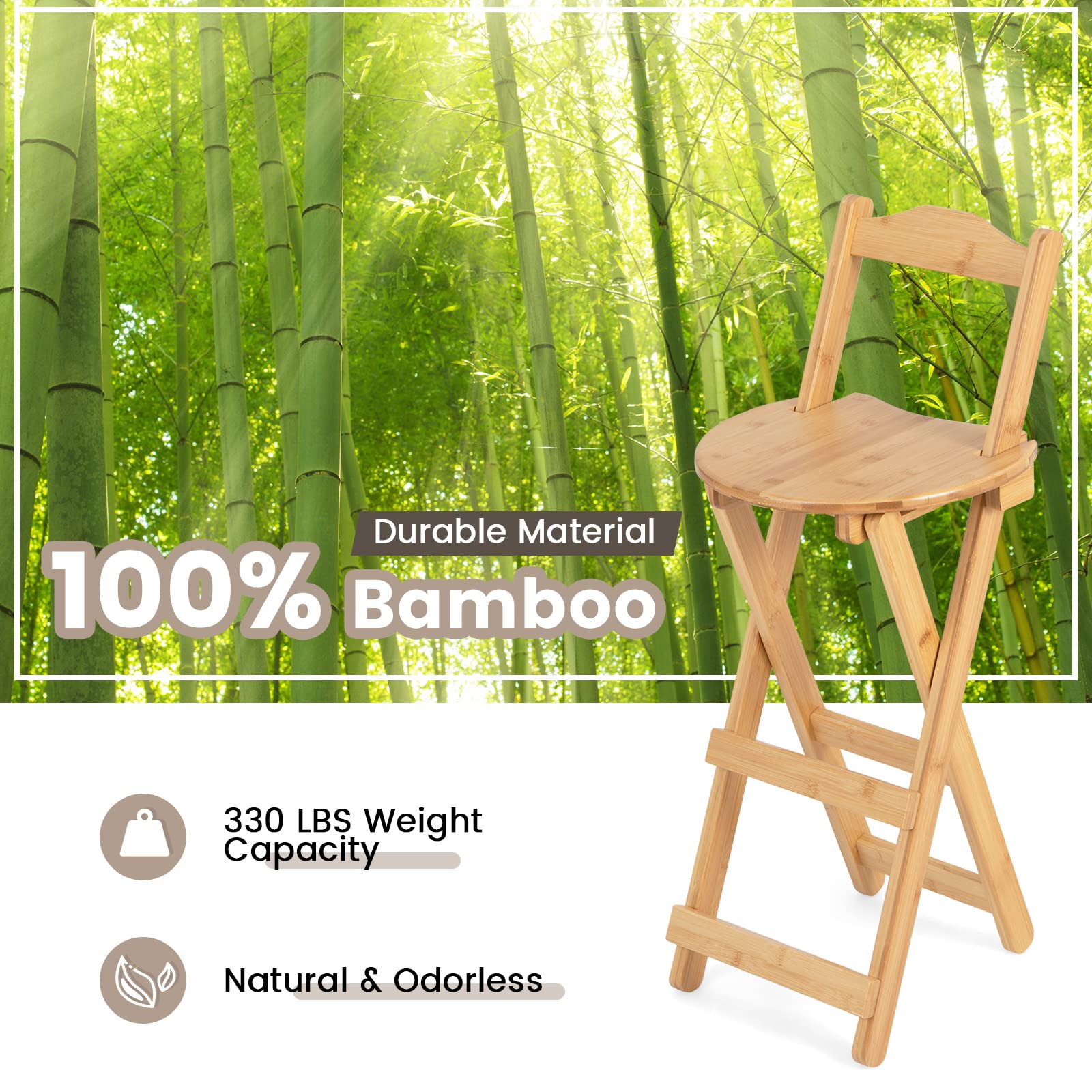 Folding Bamboo Bar Stools 24” Kitchen Counter Height Stool with Backrest & Footrest