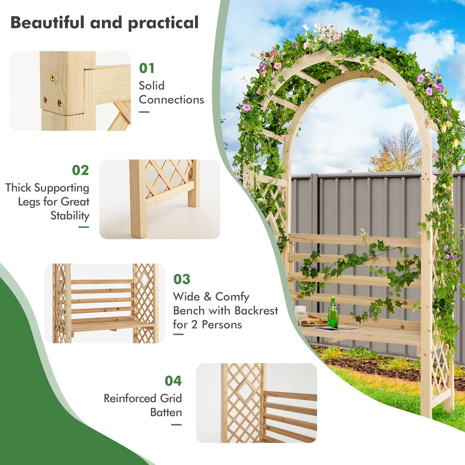 Giantex 81in Garden Arch with 2-Person Bench, Wooden Garden Arbor Archway Trellis for Climbing Plants