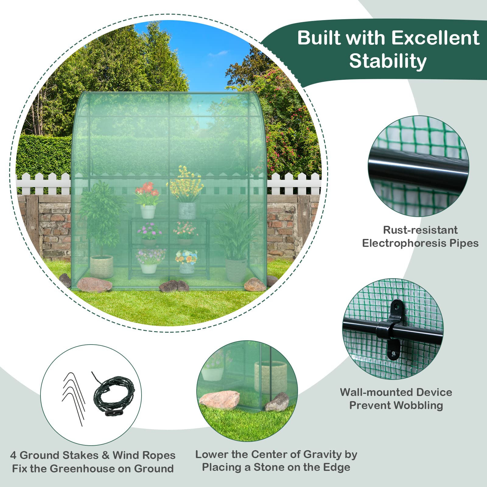 Giantex Walk-in Lean-to Greenhouse - with 3-Tier Plant Stand, 7’x 3.5’x 7’ Green House, PE Grid Cover