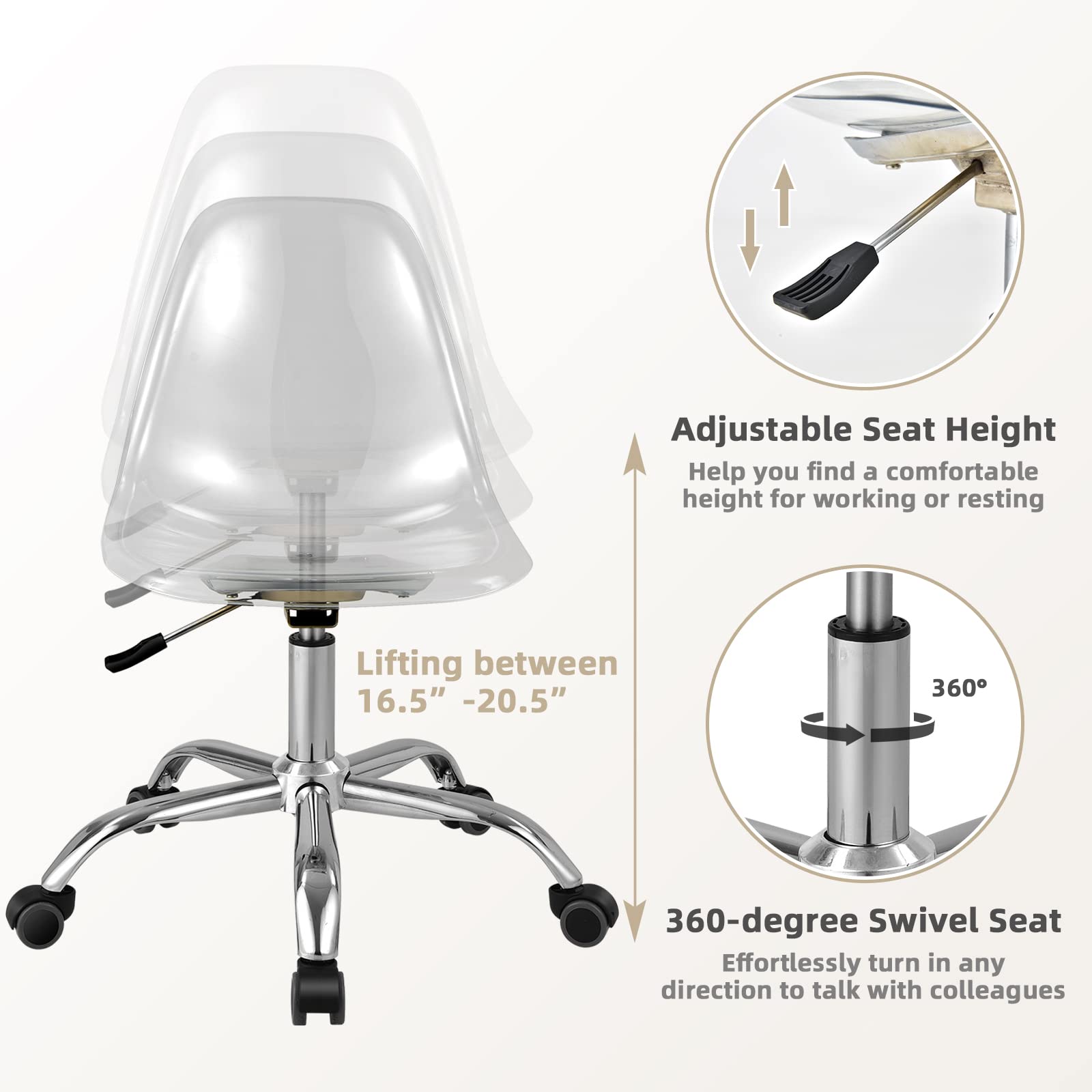 Giantex Clear Desk Chair, Acrylic Armless Office Rolling Chair, Height Adjustable Leisure Ghost Chair