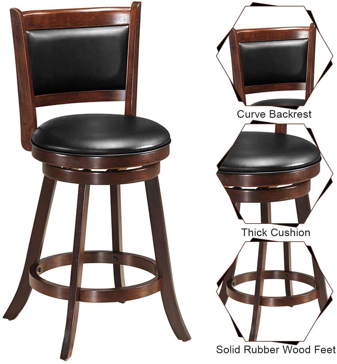 Giantex Accent Wooden Swivel Back Counter Height Bar Stool, Fabric Upholstered Design