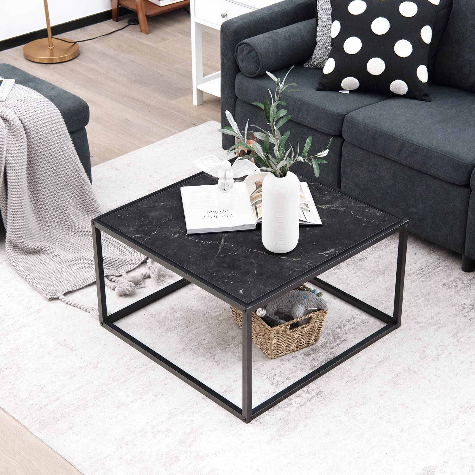 Giantex Modern Square Coffee Table with Faux Marble Tabletop & Steel Frame