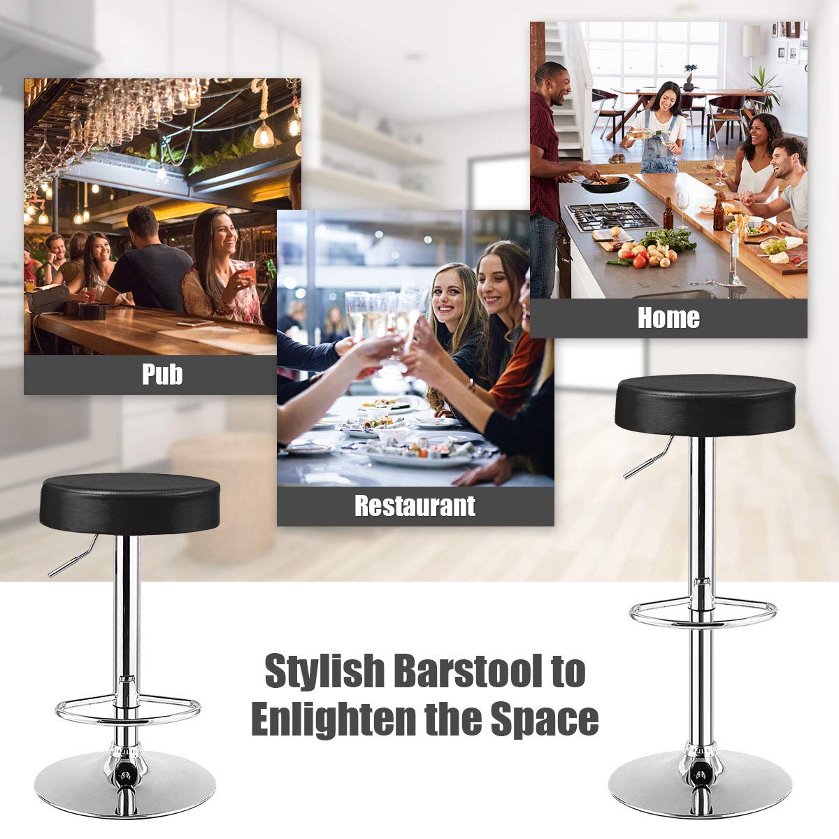 Modern Swivel Backless Round Barstool, PU Leather Armless bar Chair with Height Adjustable, Chrome Footrest