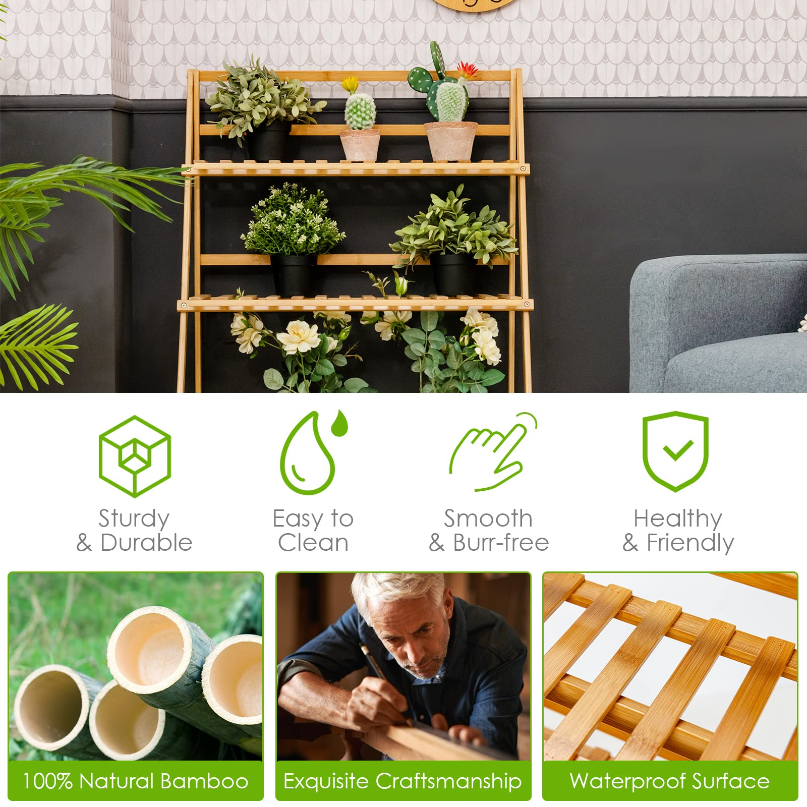 Giantex 3 Tier Folding Storage Shelf, Bamboo Ladder Plant Stand