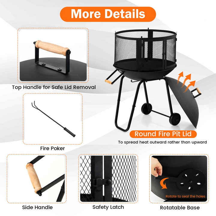 Giantex 28” Portable Fire Pit on Wheels - Mobile Wood Burning Firepit with Log Grate